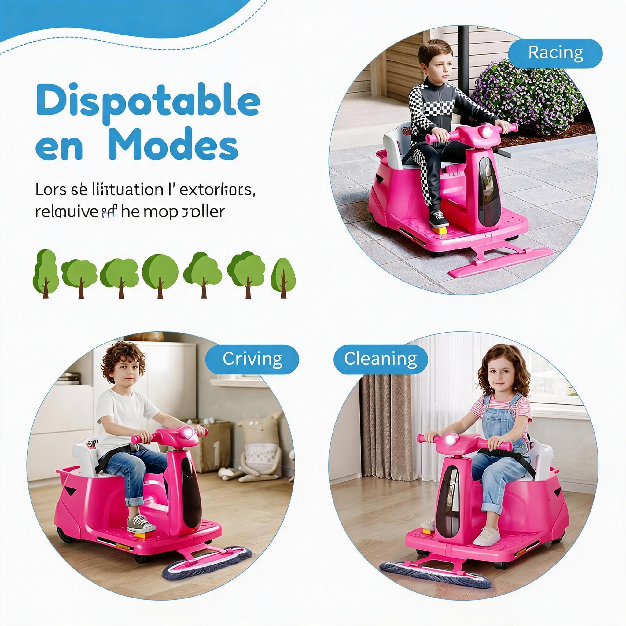 Garvee Kinder Elektroauto 2, in, 1 mit Wischmopp, 12V, Eltern, LED, Lichter | Batterieauto Spielzeugfahrzeug, Fernbedienung, kabellose Verbindung/USB, für Kinder 3, 8 Jahre, Farbe: Rosa