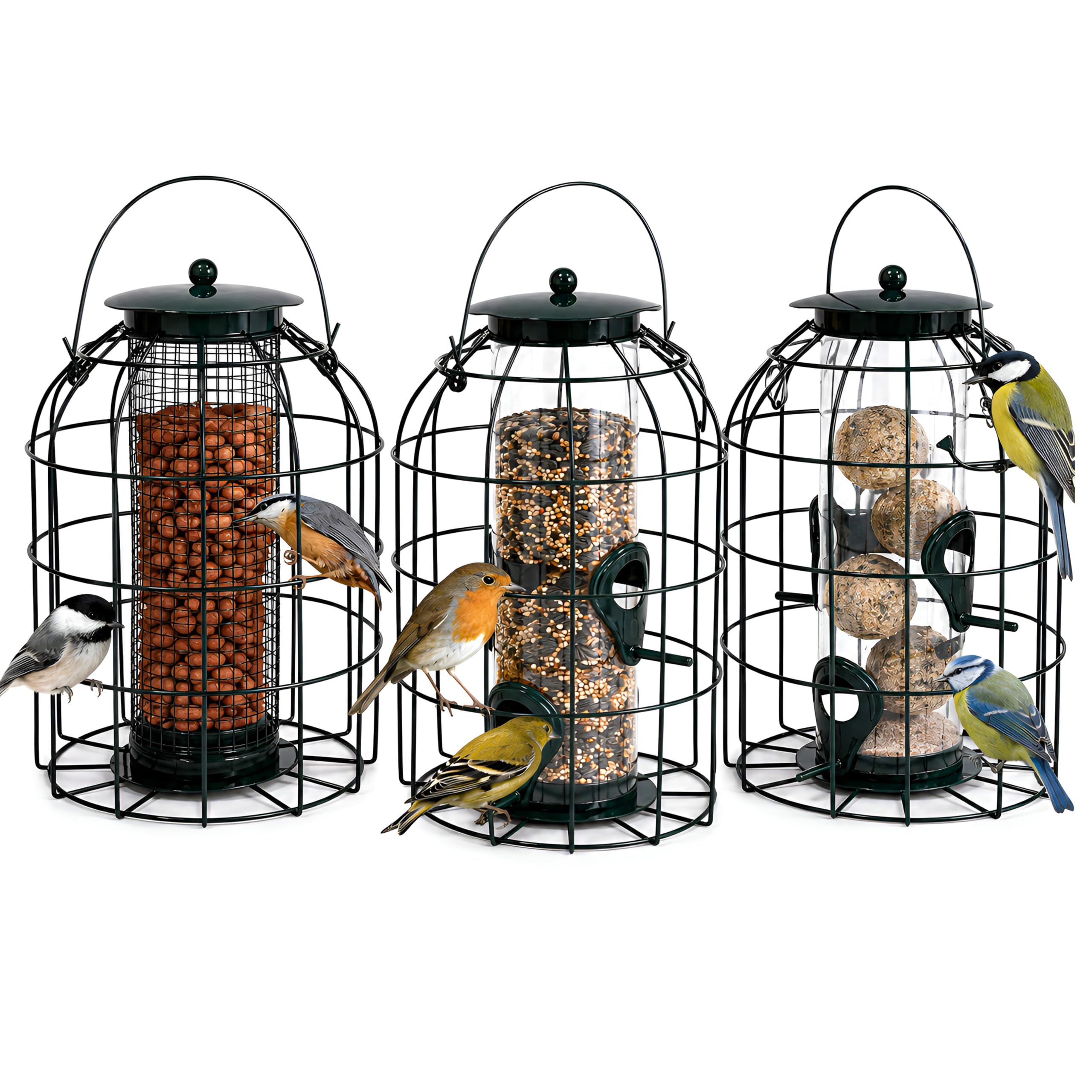 DIVCHI Squirrel Proof Bird Feeders 3 Pack, Peanut, Seed & Fat Ball Holders, Metal Hanging Wild Birds Feeder with Protective Cage, Easy Refill, Durable Outdoor Garden Design for Trees, Walls & Gardens