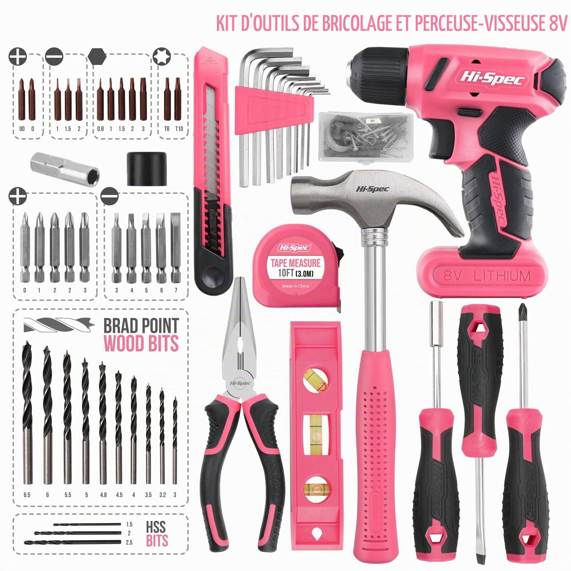 Hi-Spec Perceuse Visseuse devisseuse sans Fil 8V Rose 58pc Boite a Outils Complete avec Outils de Bricolage - Embouts, Forets, Marteau, Tournevis et Plus - Travaux, Entretien et Réparations à Domicile