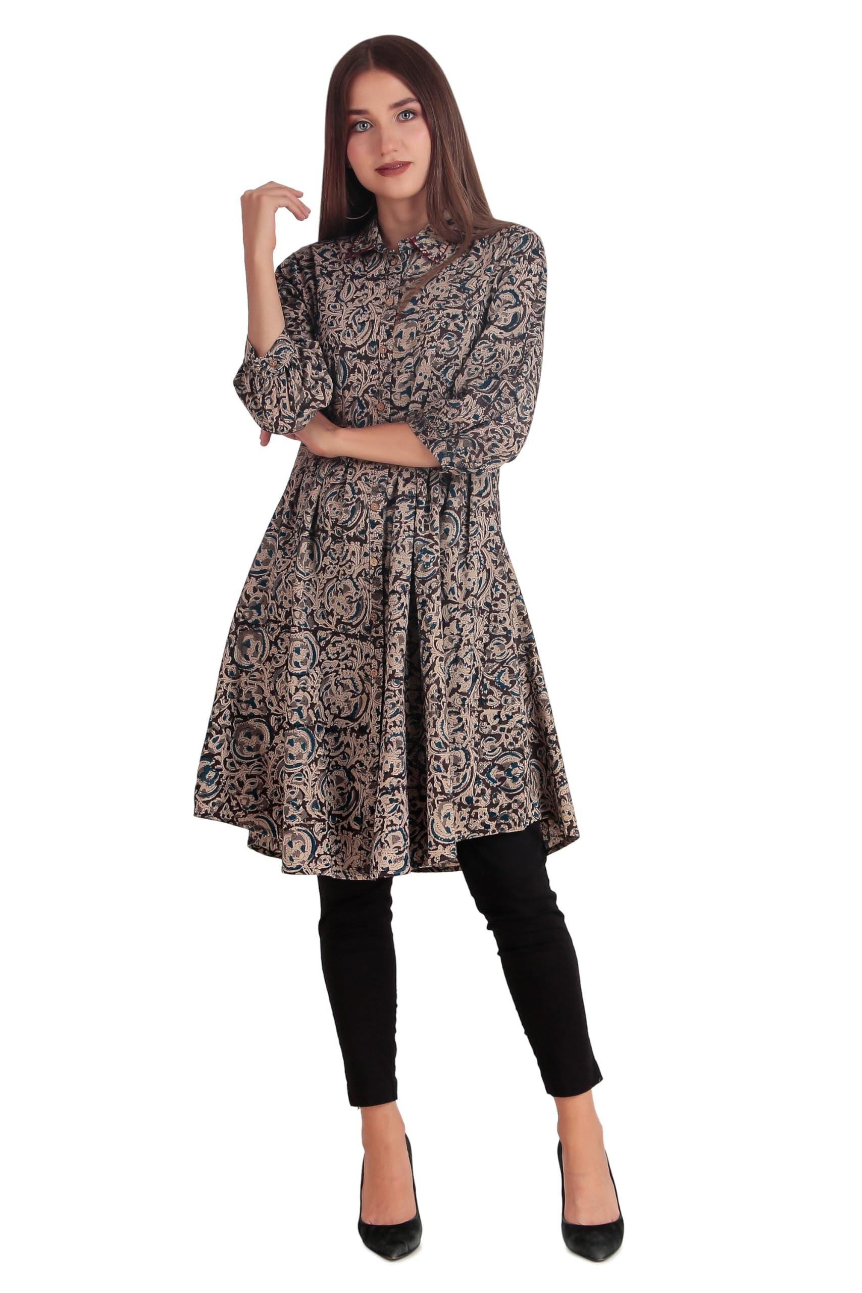 LadylineWomens Batik Printed Flared Tunic Kurti Hand Work Button Down Collar Mini Dress