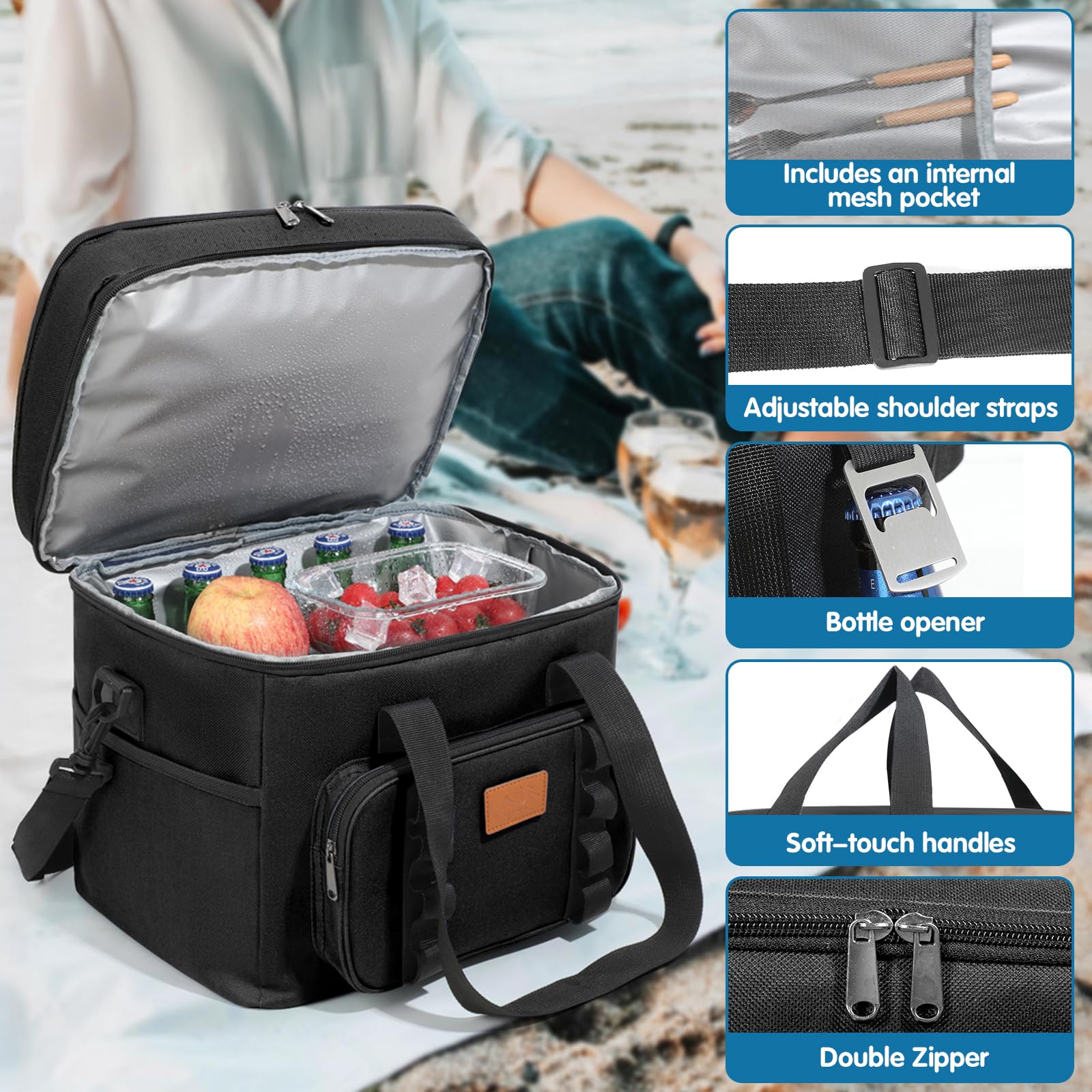 BBLTIFF Borsa Termica Porta Pranzo, 30.7L Borsa Doppio Frigo Grande, Borsa Porta Pranzo, Borse Termiche con Tracolla Regolabile, Tasche Multiple e Apribottiglie per Picnic, Campeggio, Ufficio (Nero) - 4