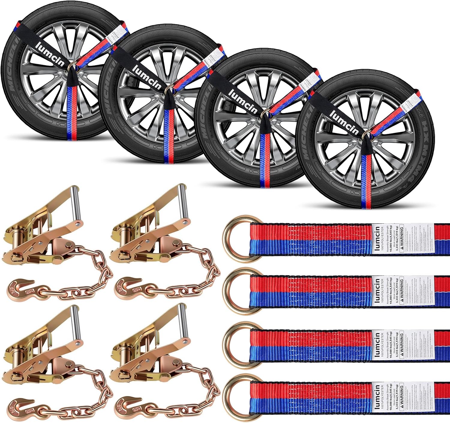 Car Tie Down Straps for Trailers - 2" x12' Ratchet Tire Straps with Chain Anchors, Heavy Duty Wheel Net Ratchet Straps for Auto Hauling, Flatbed, and Truck Transport