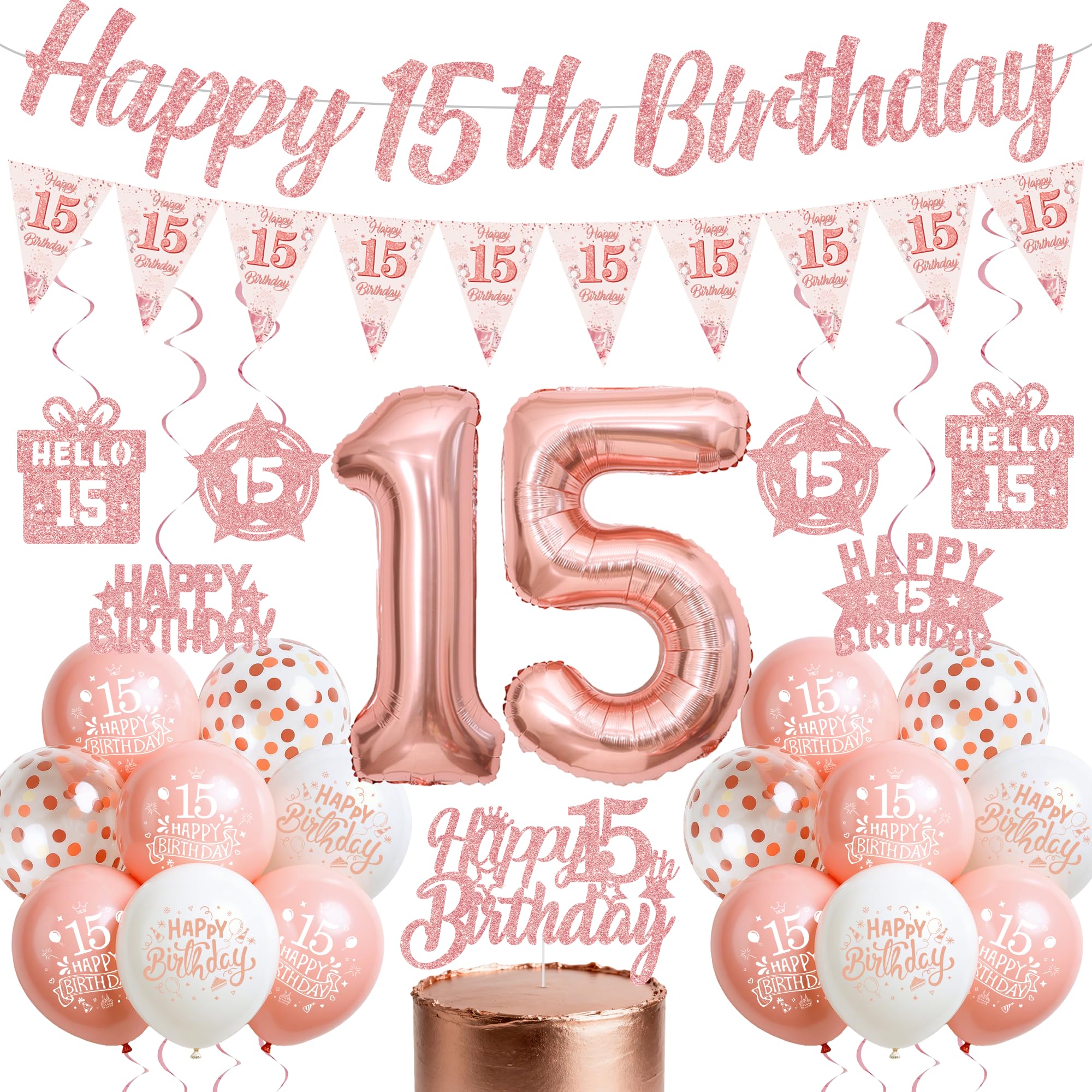 happy birthday decorations banner (Rose gold, 15 years old)
