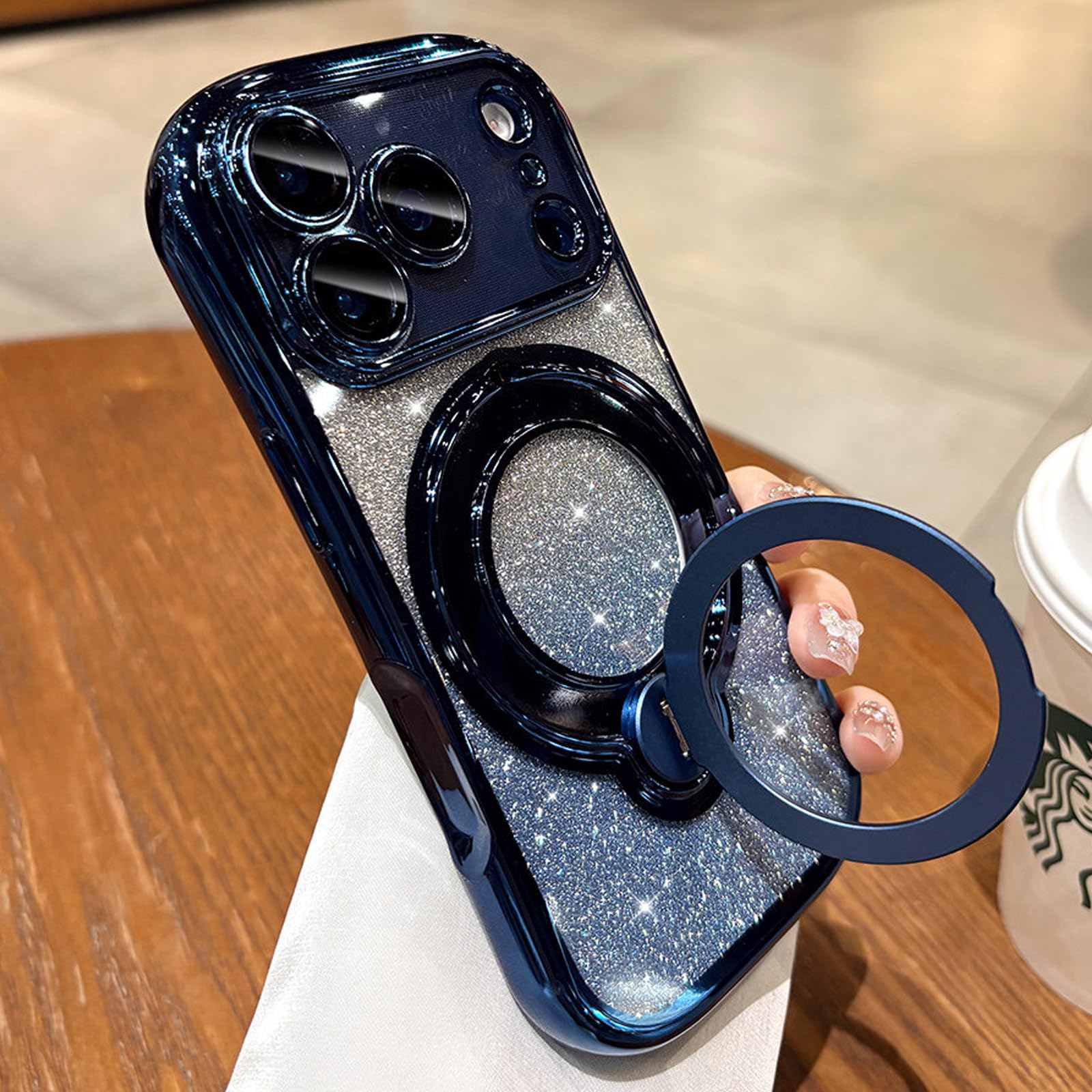 360 Spin Magnetic Stand for iPhone 17 Pro Max Case Glitter,Blue