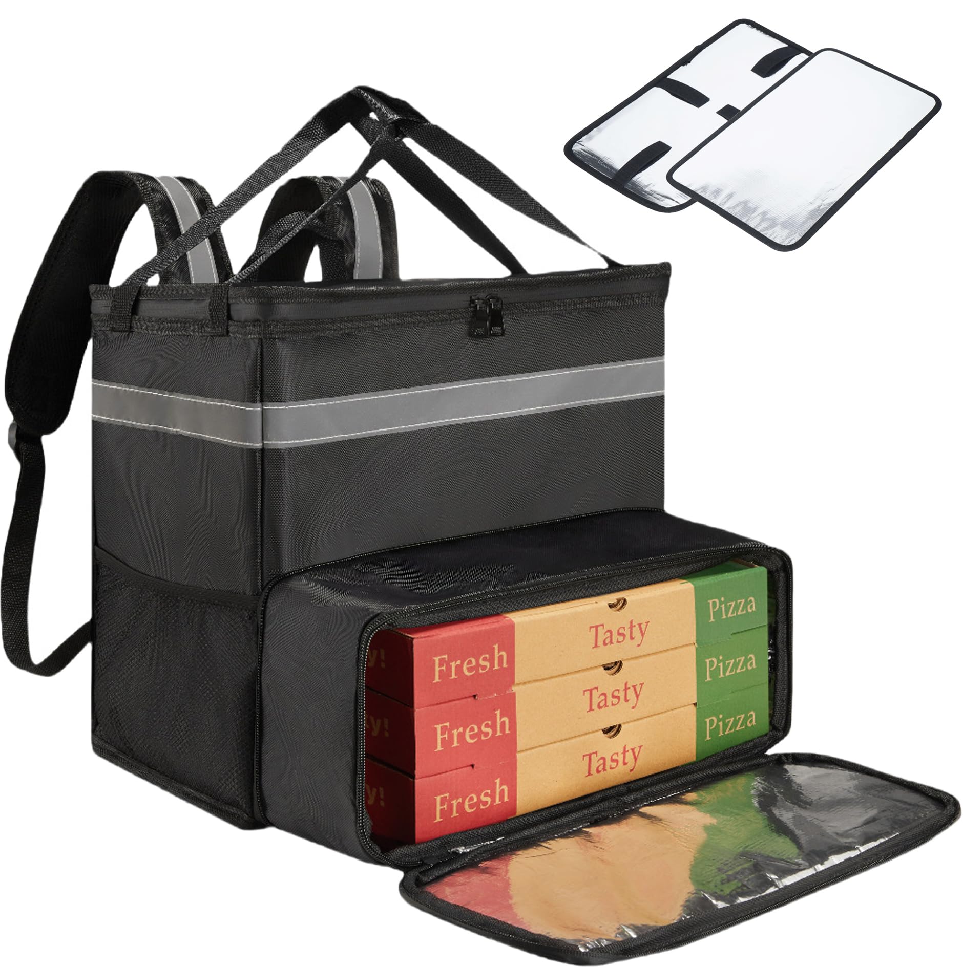 aleawol Mochila de entrega de pizza de 46 L, expandible, aislada, para bicicleta, con 2 tablas de apoyo, bolsa impermeable para entrega de alimentos con tira reflectante para llevar alimentos fríos o
