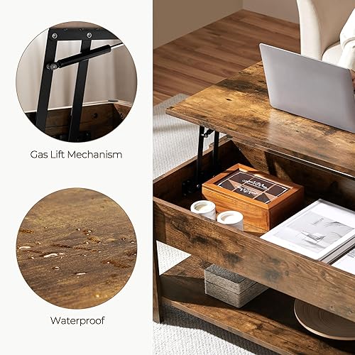 Miniatura 6 de Yaheetech Mesa de Centro, Mesa de Centro Elevable de 47.5 pulgadas con Compartimento Oculto y Estante de Almacenamiento, Mesa de Comedor con Marrón