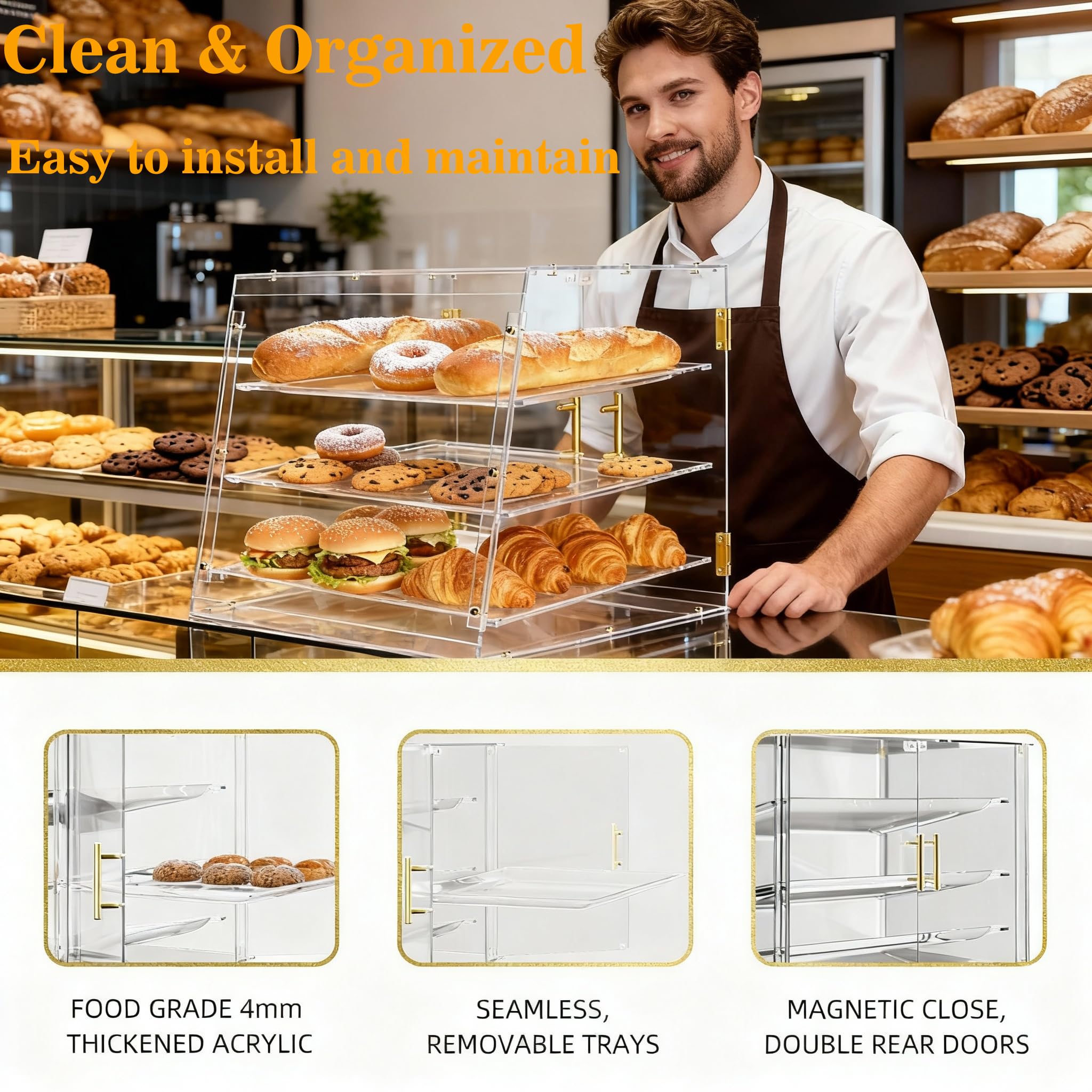 Acryvic - Vetrinetta per pasticceria con 3 vassoi, vetrina da banco commerciale con porte magnetiche, 53 cm x 43 cm x 42,5 cm, vetrina per dolci e cibo per vendita al dettaglio di hamburger, ciambelle