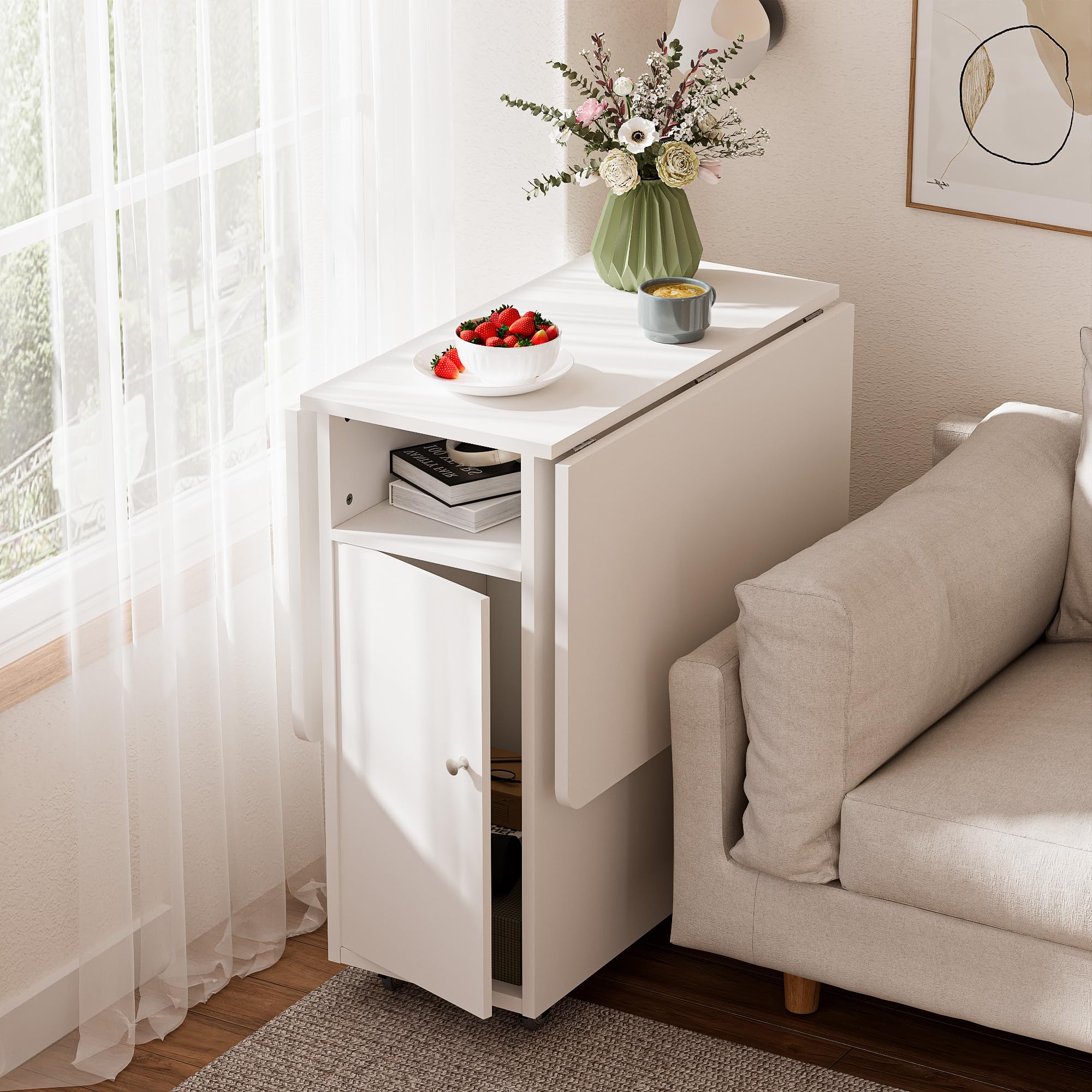 Mesa de comedor plegable con ruedas, mesa de cocina para 4 a 6 personas con gran mueble de almacenamiento, ideal pequeño espacio de cocina, comedor, 120 x 70 cm, color blanco