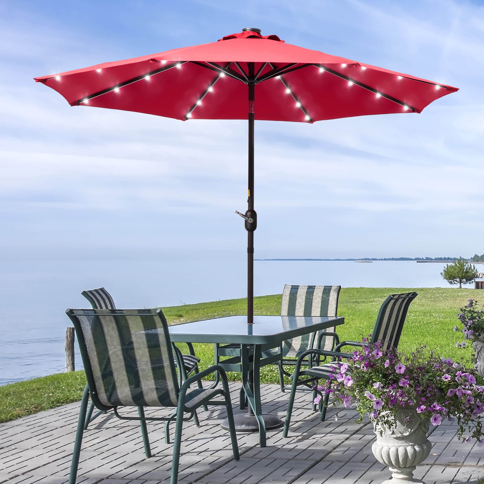 Amazon.com : MISSBRELLA Bonosuki Solar Patio Umbrella Lighted Market Table  Steel Umbrella with Push Button Tilt and Crank, Waterproof Sunshade Canopy  for Garden Deck Backyard Pool (9ft, Red) : Patio, Lawn u0026