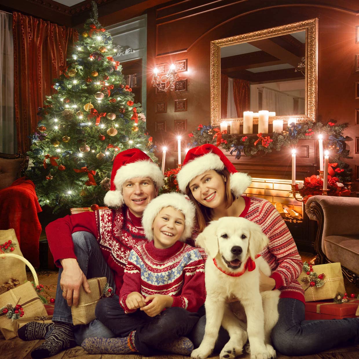 AIIKES 10x10FT Christmas Backdrops For Photography Fireplace Christmas Photography Background Indoors Xmas Tree Gift Holiday Party Decoration Christmas Photo Backdrops Studio Booth Props 11752