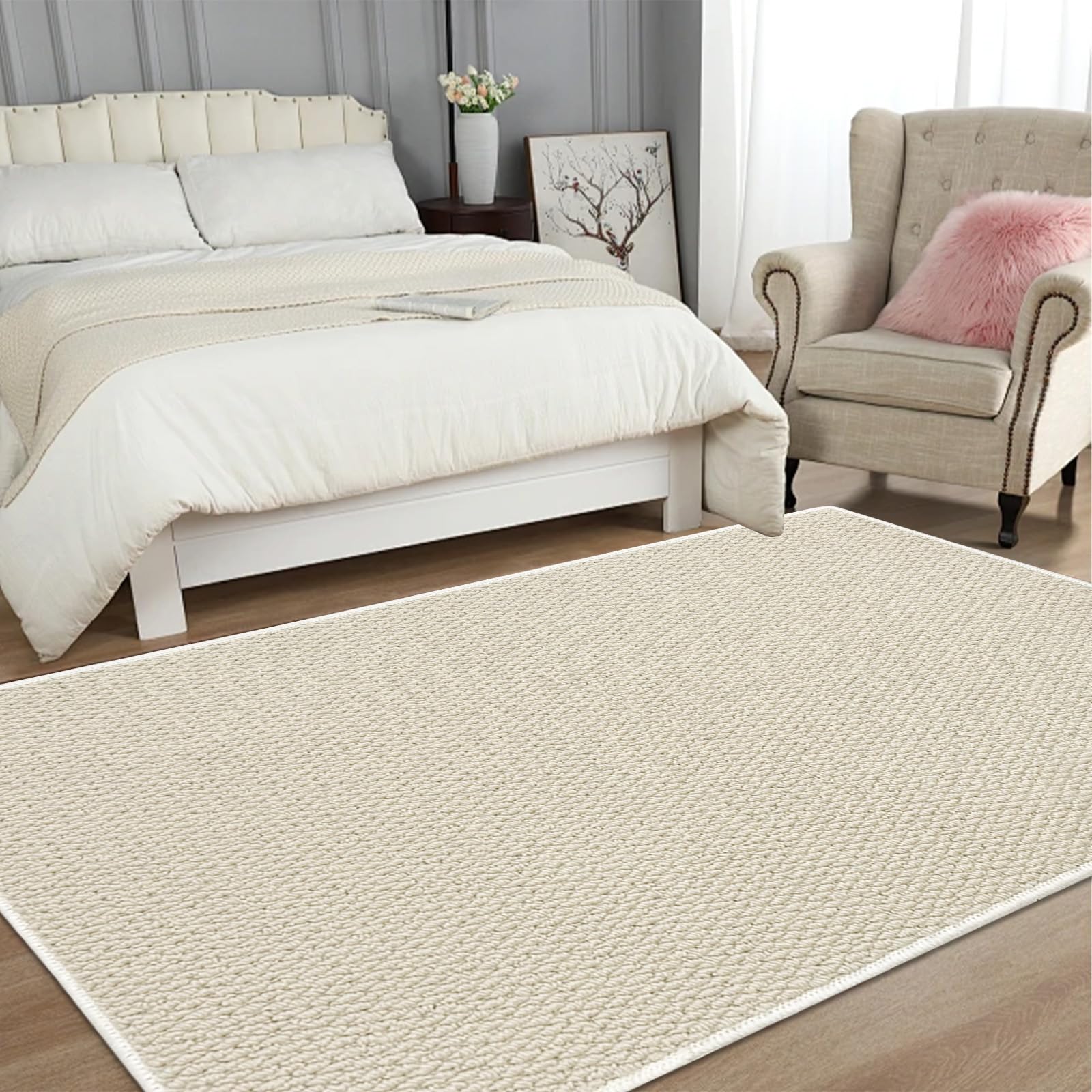 USTIDE Rustic Natural Sisal Rug - Large Chunky Textured Woven for Living Room Bedroom, Entryway - Nonslip Washable - 150x200cm, White - Image 3