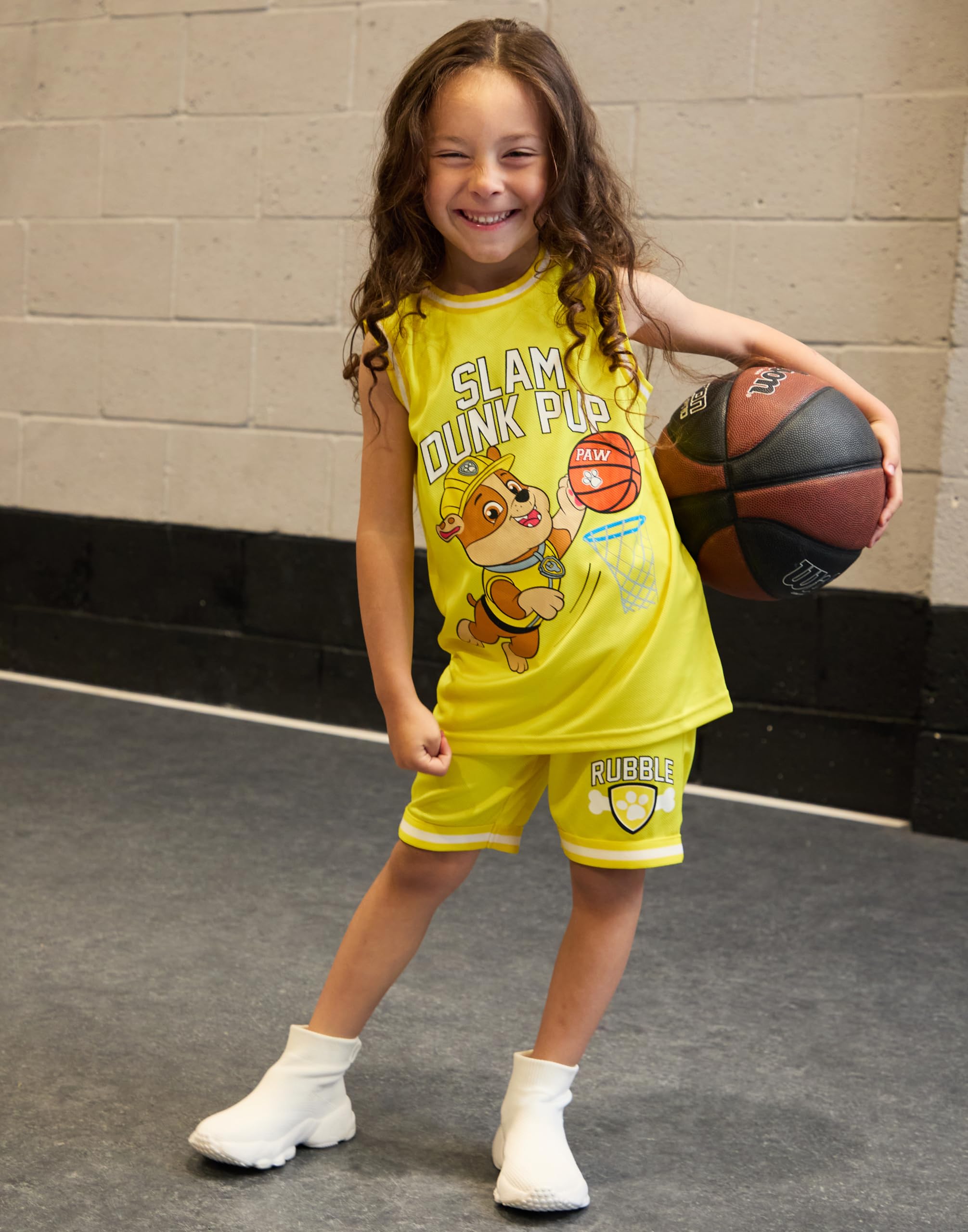 Paw Patrol Boys Rubble Koszulka i spodenki do koszykówki | Kids Slam Dunk Pup Dwuczęściowy żółty strój sportowy | Zestaw dla dzieci