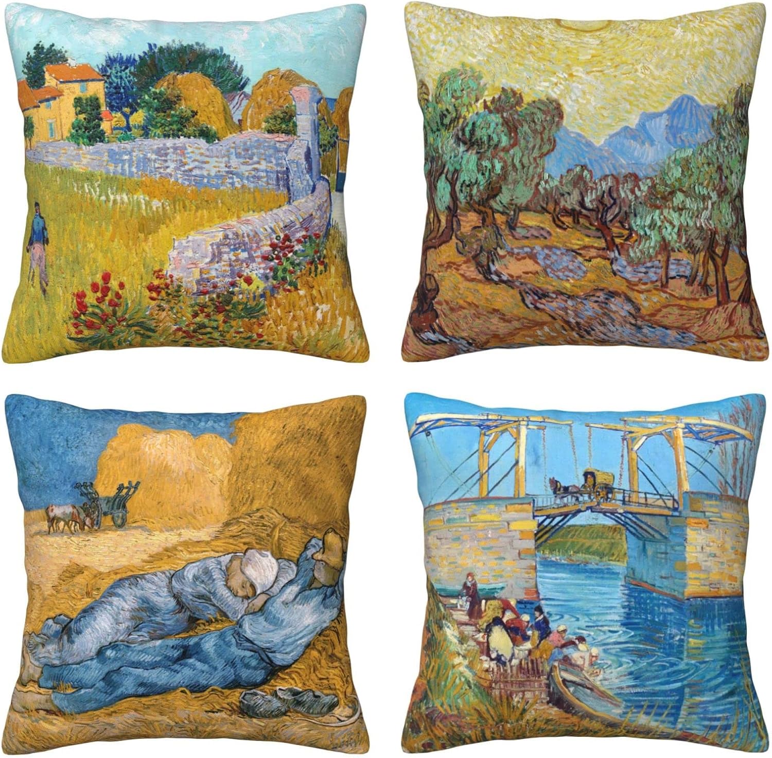 Van Gogh Painting Throw Pillow Covers 18x18 inches Set of 4 Square Velvet Pillow Cases Olive Trees Farmhouse in Provence Decorative Cushion Covers for Sofa Couch