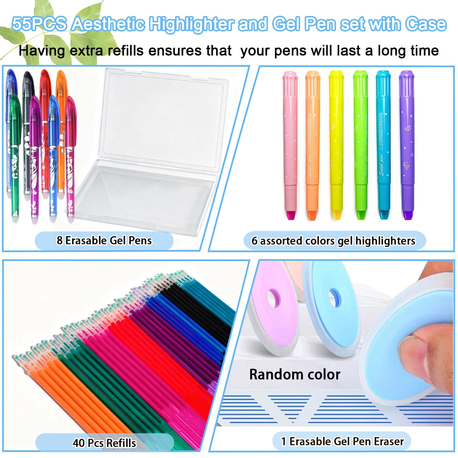 Kit de diario bíblico de 55 piezas, sin sangrado, juego de 6 resaltadores de gel, 8 bolígrafos borrables y recambios y 1 borrador,