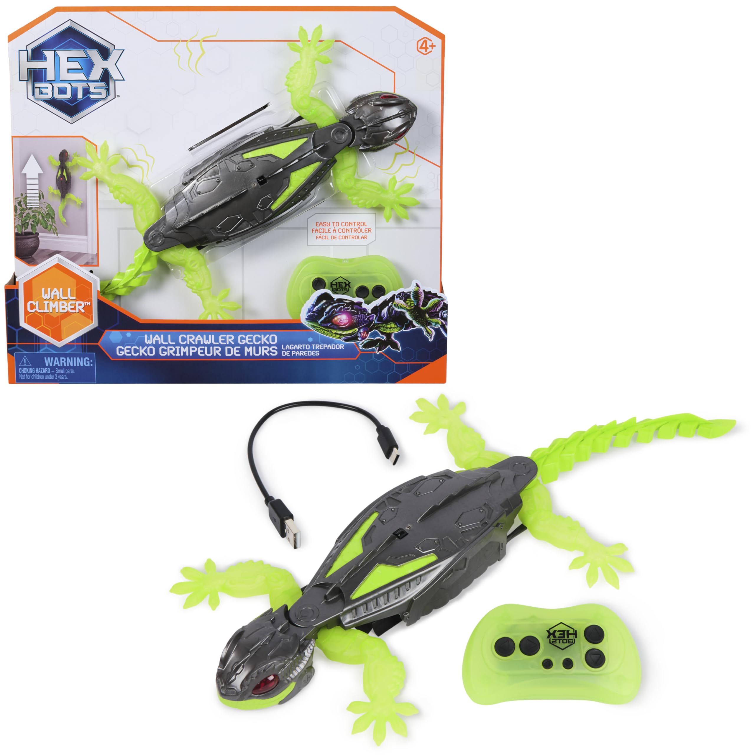 Hex Bots Geco Telecomandato, Giocattolo Interattivo Radiocomandato, Ricaricabile con Cavetto USB, Si Arrampica sulle Pareti e Corre sui Pavimenti, Giocattolo per Bambini e Bambine, 4+ Anni