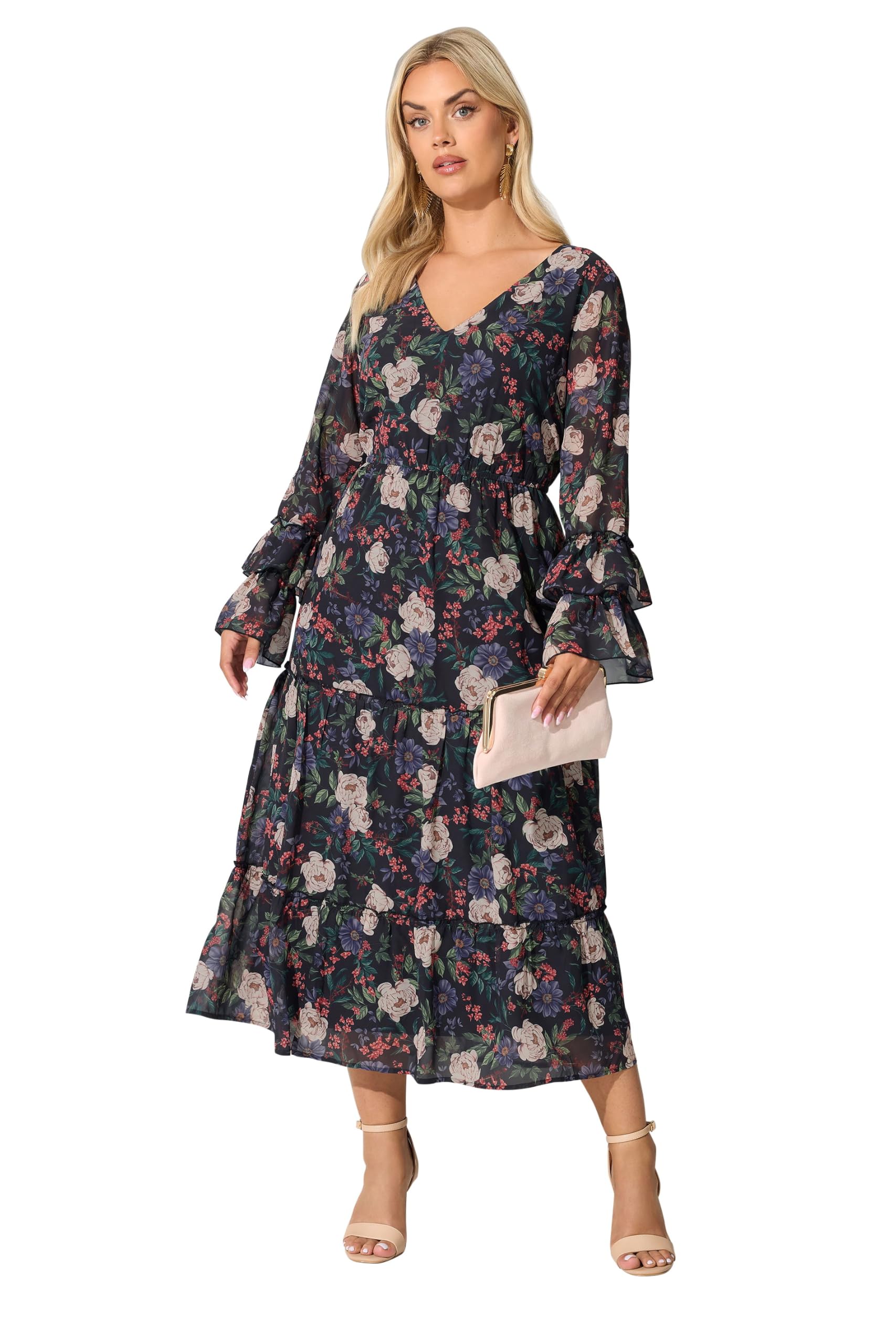 Yours London Curve Floral Ruffle Tiered Maxi Dress - Women's - Plus Size Curve Black