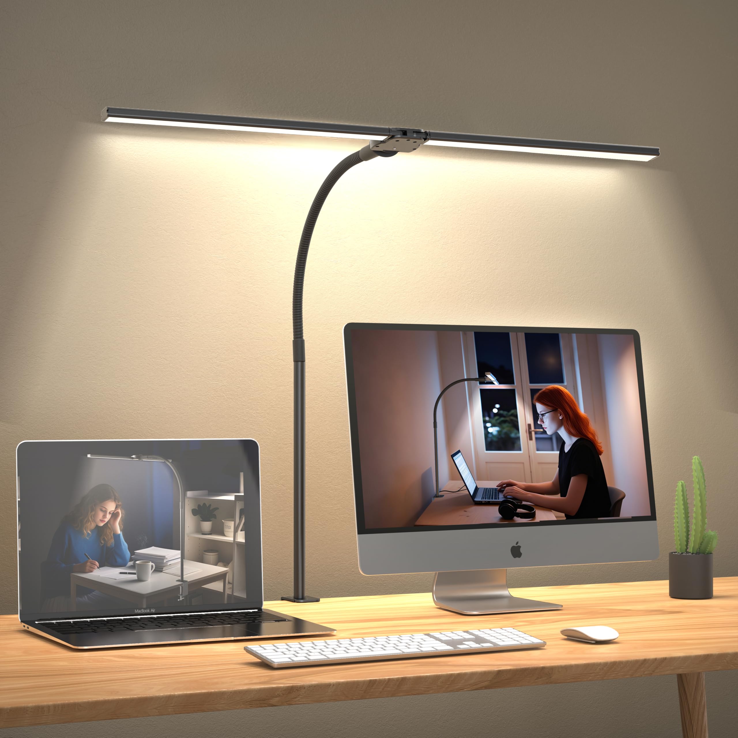 Doppelkopf Schreibtischlampe LED Dimmbar，1200 Lumen Schreibtischleuchte klemmbar mit 5 Farbtemperaturen und 5 Helligkeiten für Home Office，Augenschutz büro tischlampe mit Schwanenhals (Schwarz1)