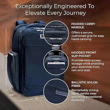 Briggs & Riley Traveler Backpack - Carry On Travel Backpack for Women & Men, Personal Item Travel Bag, Lightweight & Durable, Padded Straps, Fits up to 15 Laptop - Baseline Collection, Navy