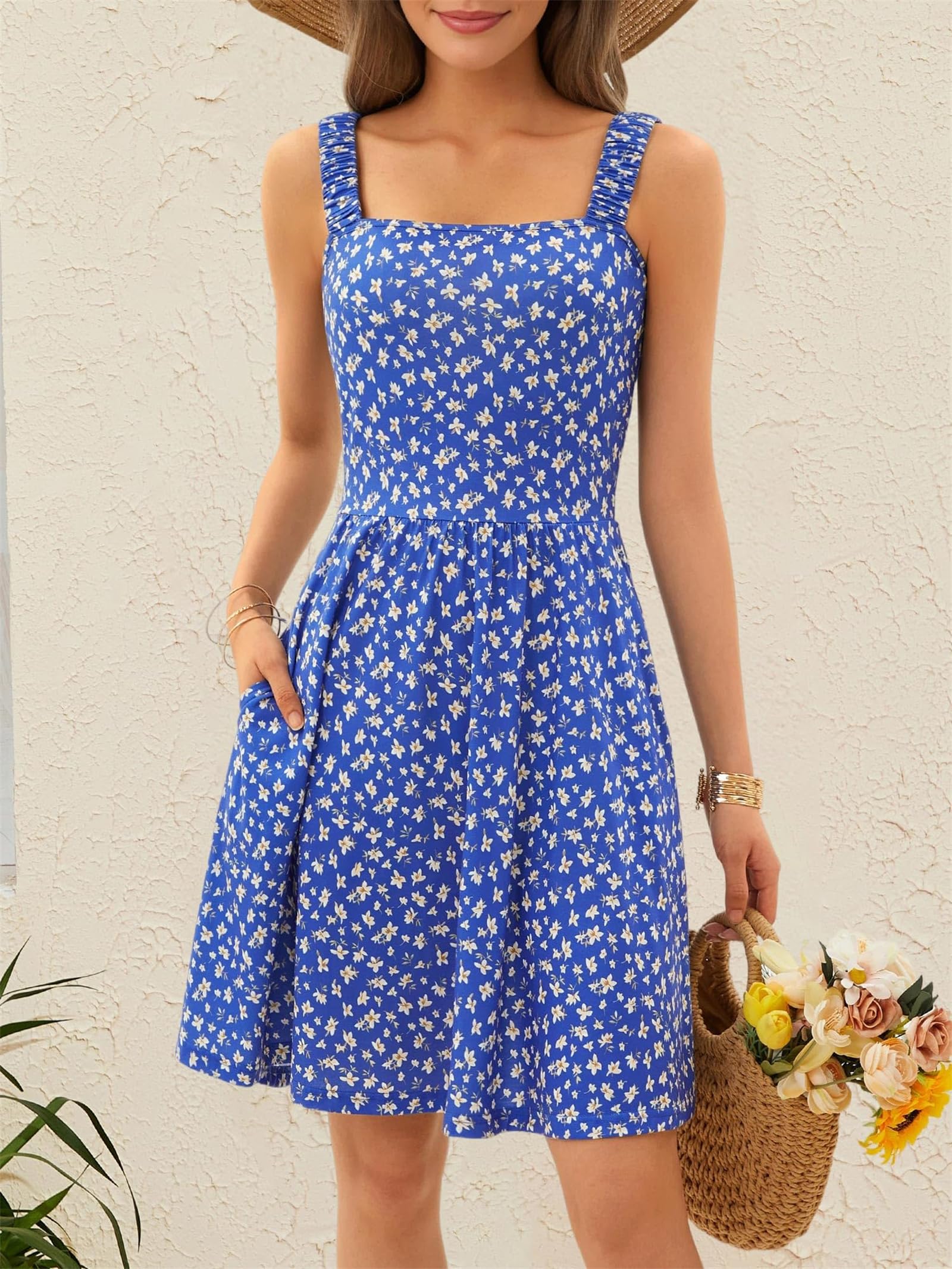 Abiti midi estivi casual da donna, con tasca, carini, senza maniche, a vita alta, linea ad A, abiti avvolgenti