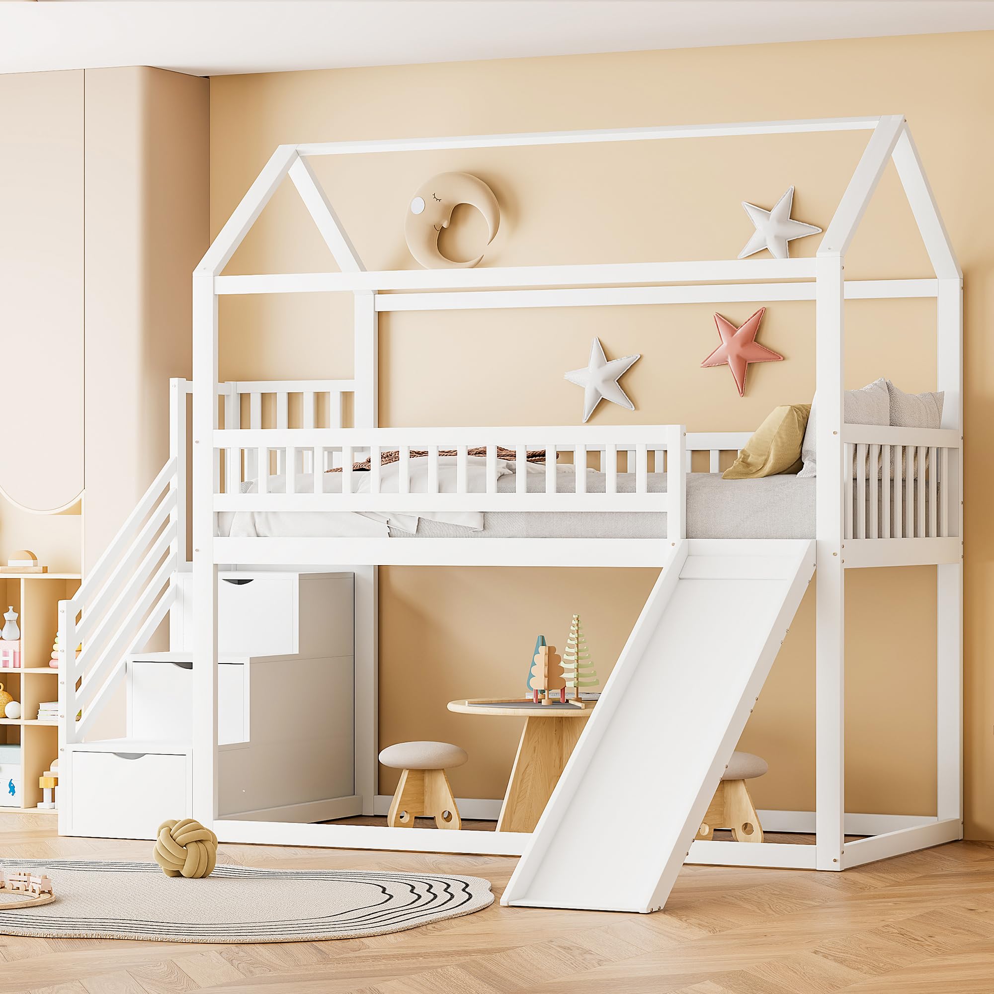 Hochbett Kinderetagenbett 90x200 cm, Multifunktionales Kinderbett, mit Rutsche und 3 Stauraumleiter, hohe Zaunkonstruktion, Massivholzbettrahmen, Lattenrost,Weiße