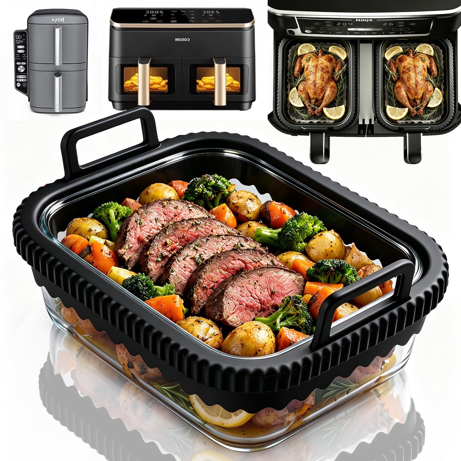 Recipientes Moldes Cristal Air Fryer Accesorios para Ninja AF400EU AF451EU AF500EU Con Mango de Silicona, Complementos Freidora Utensilios de Aire Bandeja, Resistente al Calor, Apto para Lavavajillas