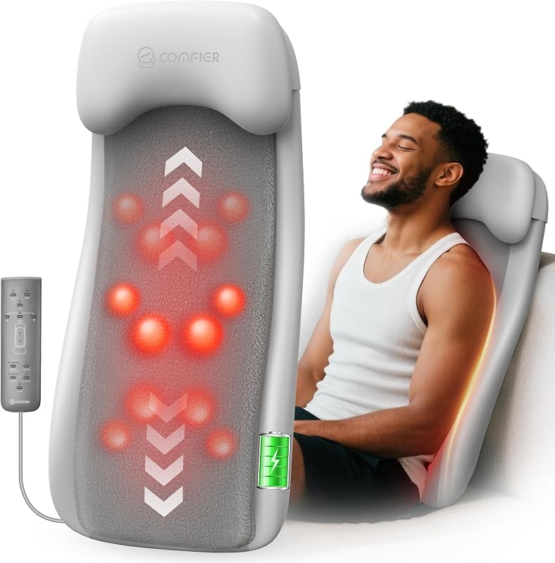 Cordless Back Massager with Heat, Rechargeable Shiatsu Chair Pad | 2D/3D/Mix Modes, 18 Kneading Nodes, Adjustable Massage Width, 2500mAh Battery, for Office Chair, Sofa & Recliner