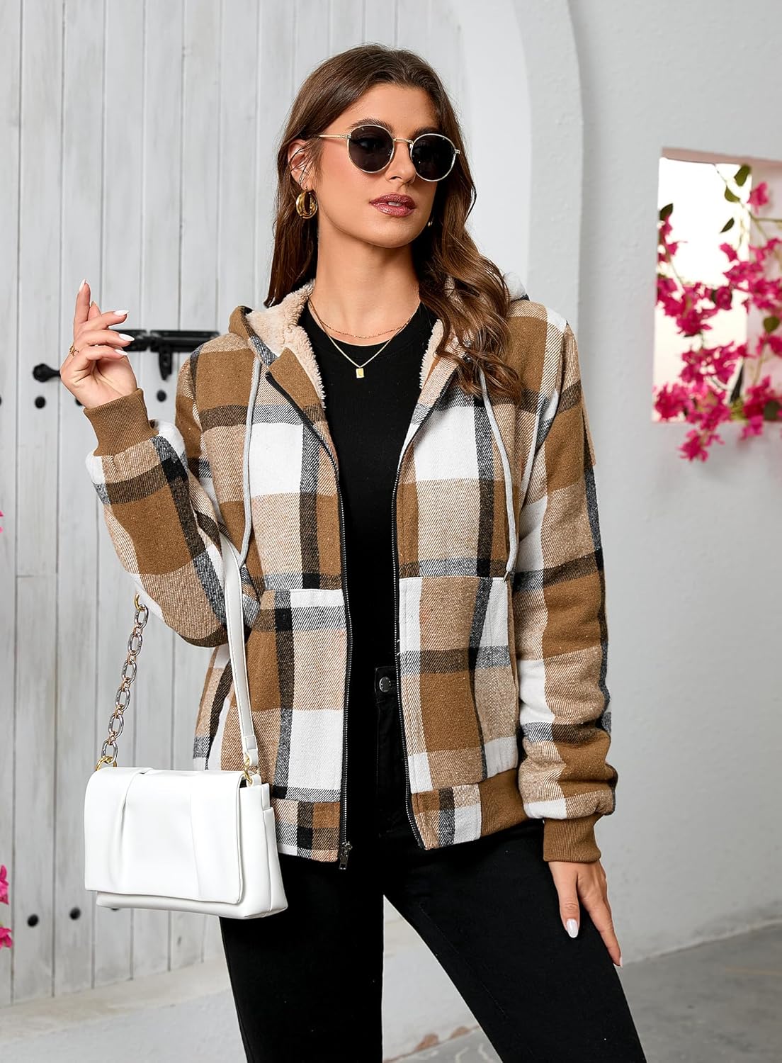 Shawnda Women's Flannel Casual Plaid Full Zip Up Sherpa Lined Hoodie Jacket Coat with Pockets - Image 4