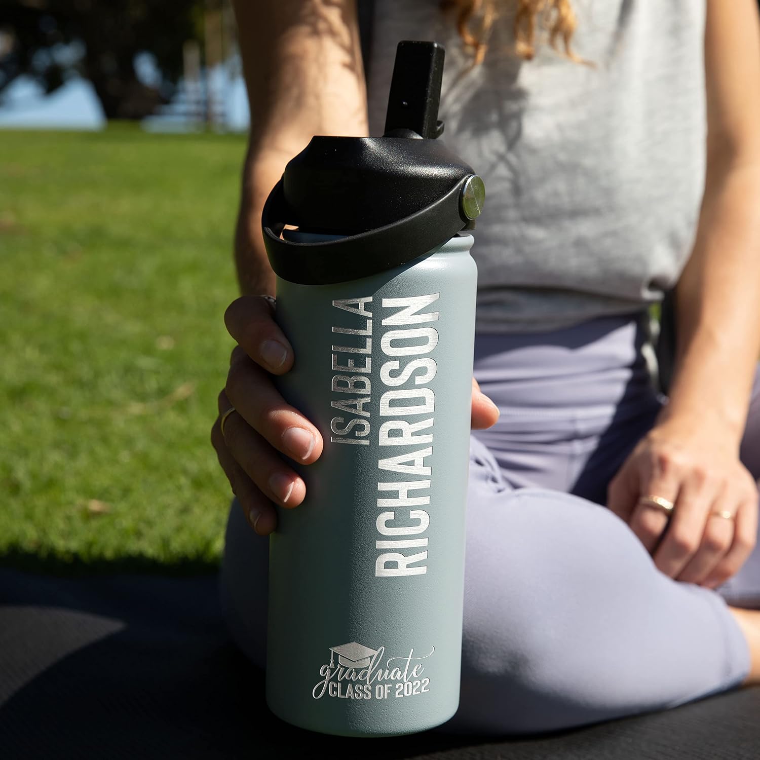Graduation Gifts - Personalized Water Bottle w Straw Lid, Custom 6 Designs Water Bottle w Name | 18 oz - Black | Double Wall, Vacuum Insulated, Class of 2023, High School, College Gifts