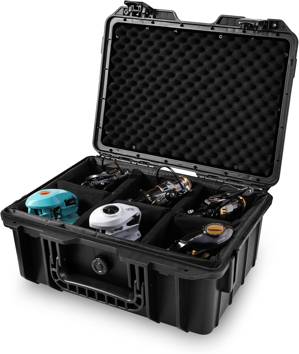 Fishing Reels Storage Case 13 Inches,Heavy Duty Waterproof Fishing Wheel Protective Hard Case, Tackle Collection Holder Box, 6pcs Adjustable Shockproof Dividers (Green)