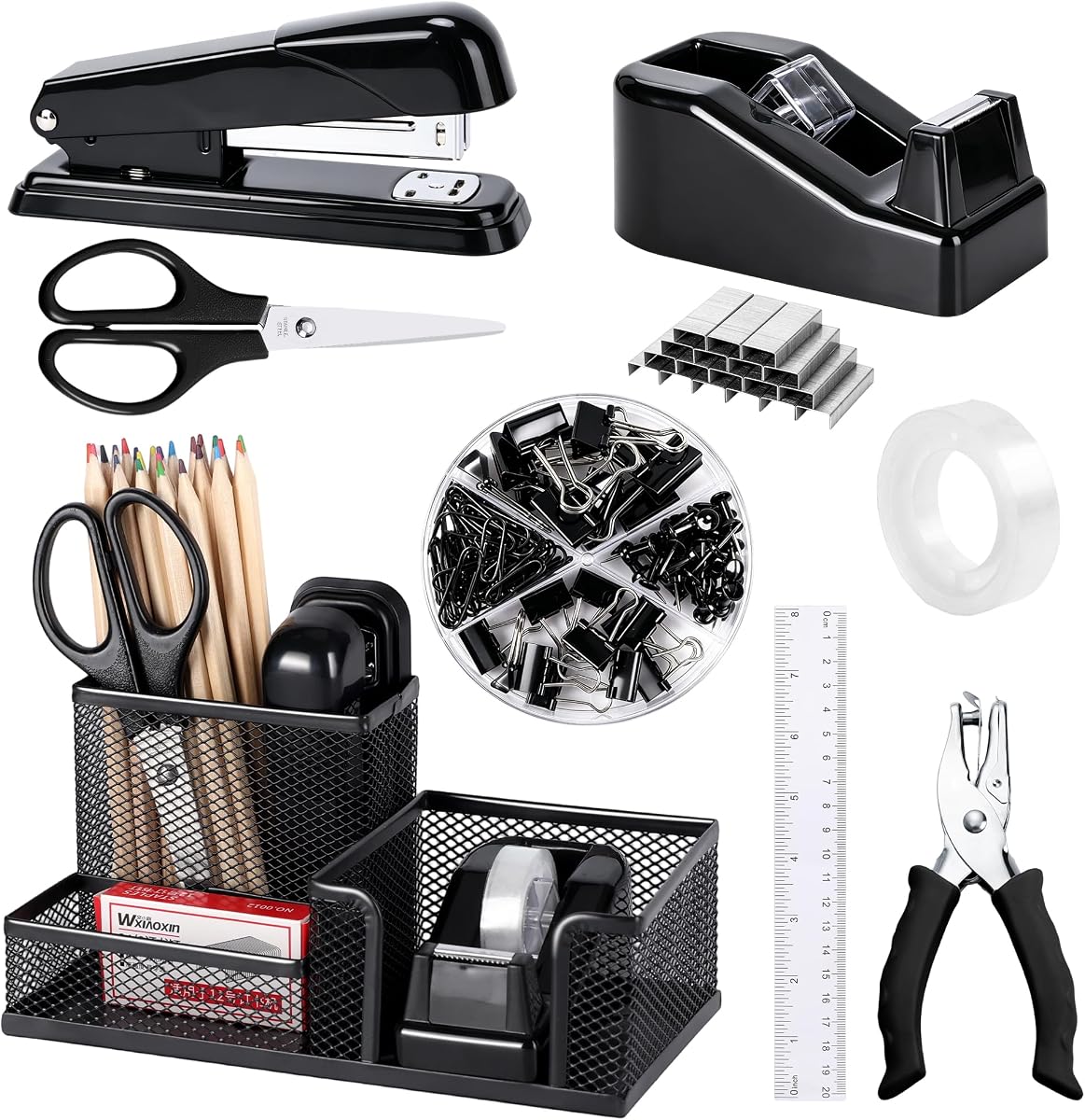 Black Office Desk Accessories, 9 Pcs Desk Organizers and Accessories with Mesh Pen Holder, Stapler, Tape Dispenser, Hole Punch, Office Supplies Set for Office Home School Women Students Gift