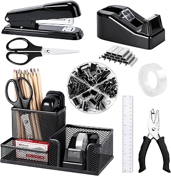 Black Office Desk Accessories, 9 Pcs Desk Organizers and Accessories with Mesh Pen Holder, Stapler, Tape Dispenser, Hole Punch, Office Supplies Set for Office Home School Women Students Gift