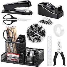 Black Office Desk Accessories, 9 Pcs Desk Organizers and Accessories with Mesh Pen Holder, Stapler, Tape Dispenser, Hole Punch, Office Supplies Set for Office Home School Women Students Gift