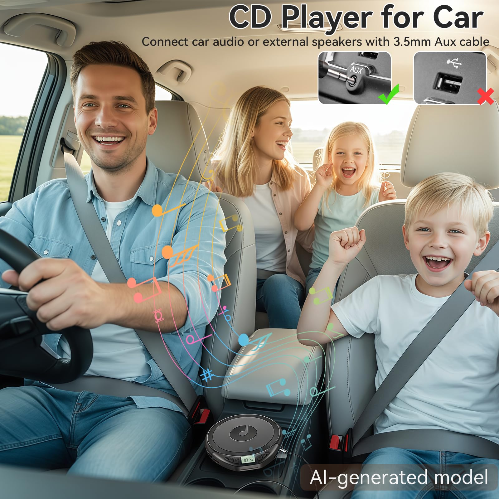 Lecteur CD portable avec casque de voiture portable et résistant aux chocs avec écran LCD, câble auxiliaire et écouteurs pour le sport, la maison, l'extérieur