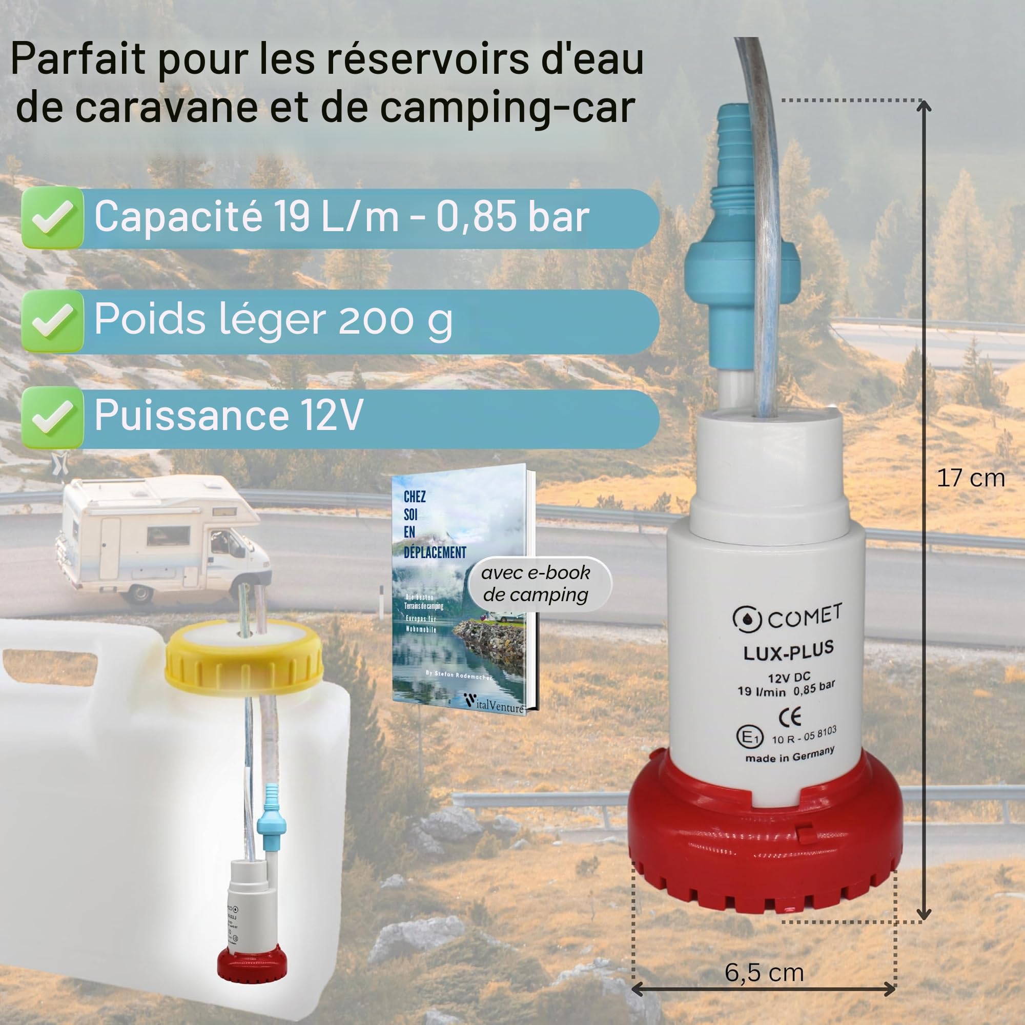Carbest LuxPlus Pompe à eau 12 V avec clapet anti-retour et filtre, Camping Ebook – 19 l/m, 0,85 bar, blanc/rouge, plastique, design mini pompe de transfert