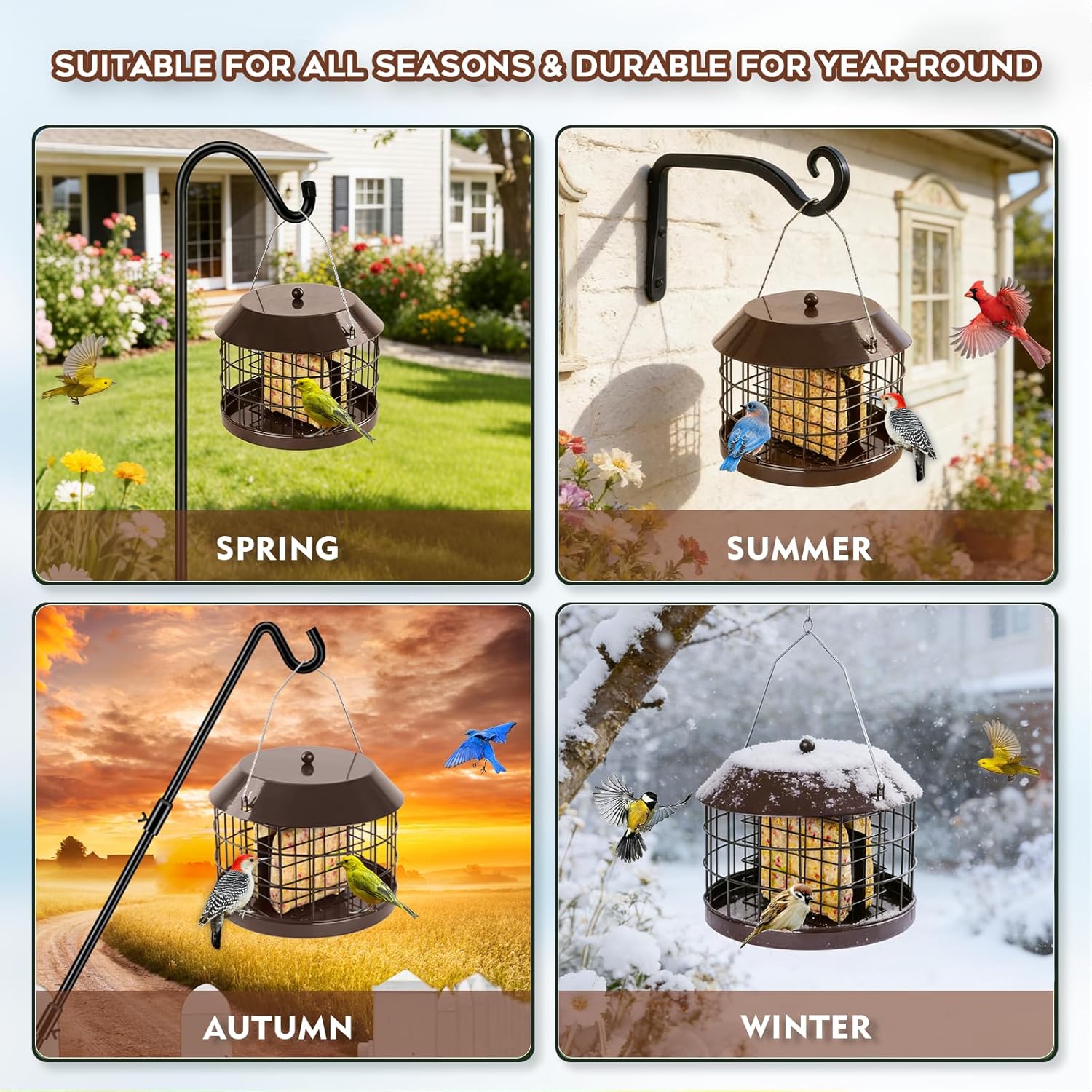 Caged Suet Bird Feeder for Outdoors Hanging, Squirrel Proof Double Suet Feeder for Small Birds, Metal Cage with Detachable Hook, Large Space, Outdoors Weatherproof, Brown