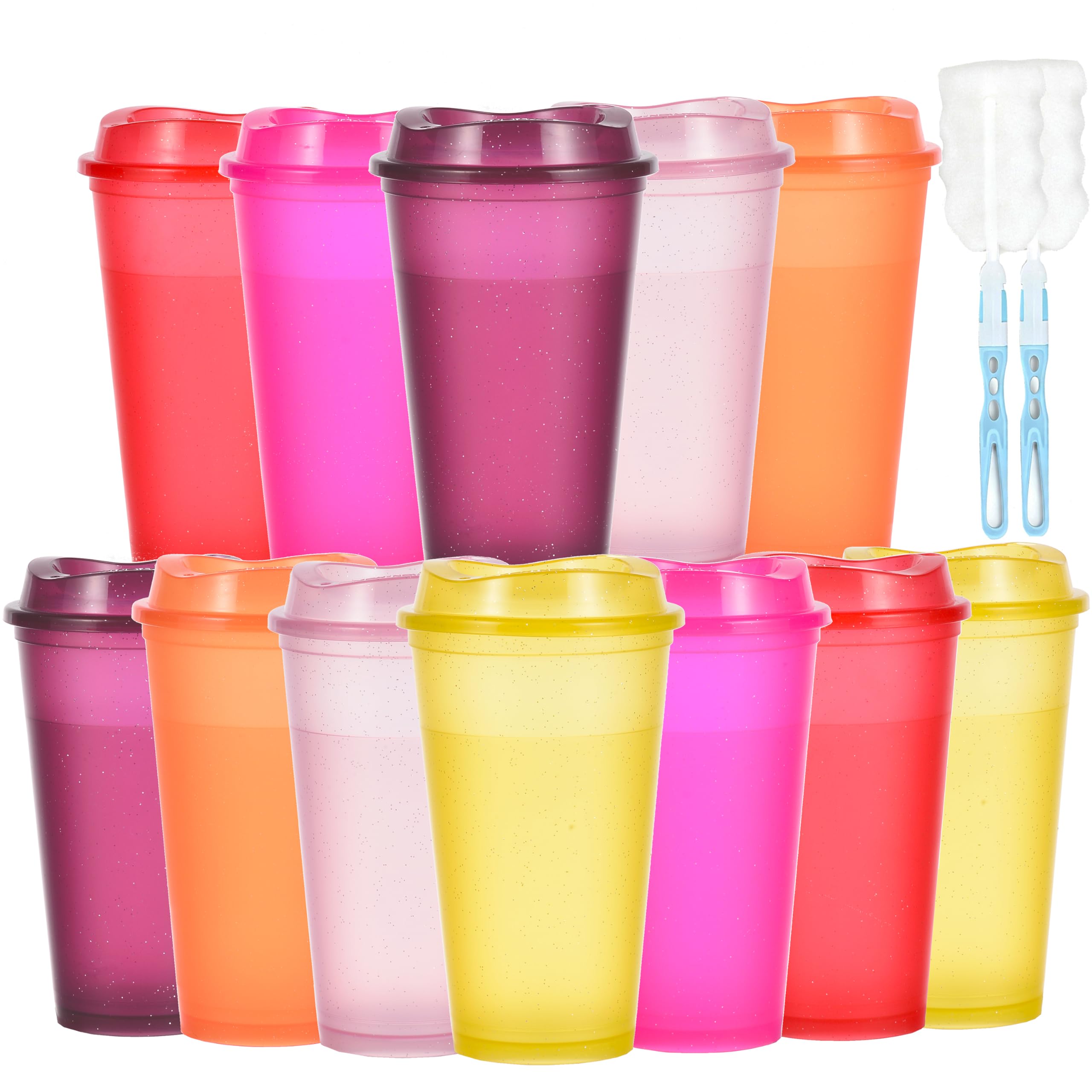 CuppaLifes 475ml Reusable Coffee Cups with Lids, 12 Pack Insulated Plastic Tumblers, Travel Mugs for Hot/Cold Drinks, Smoothie, Takeaway Cups for Adults (12, Glitter Colour)