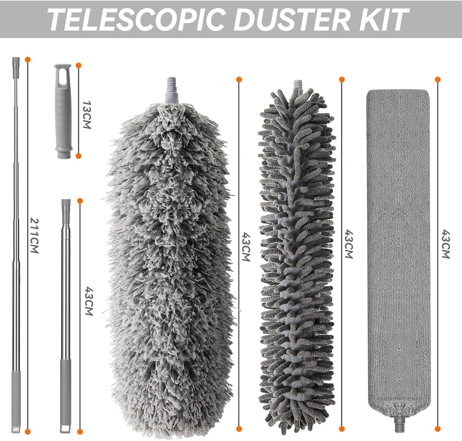 Spolverino Telescopico 5 Pezzi in Microfibra – Bastone Allungabile fino a 280 cm, Lavabile e Riutilizzabile – Ideale per Soffitti, Ventilatori a Soffitto e Angoli Difficili