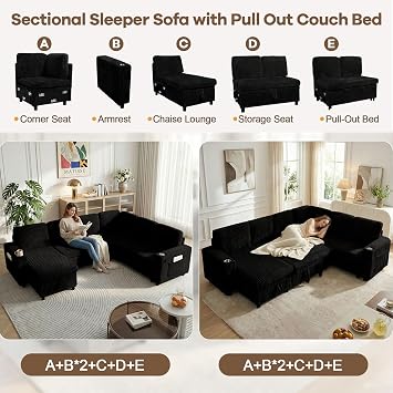 Sectional Sleeper Sofa with Pull Out Bed, L Shaped Sofa, Black