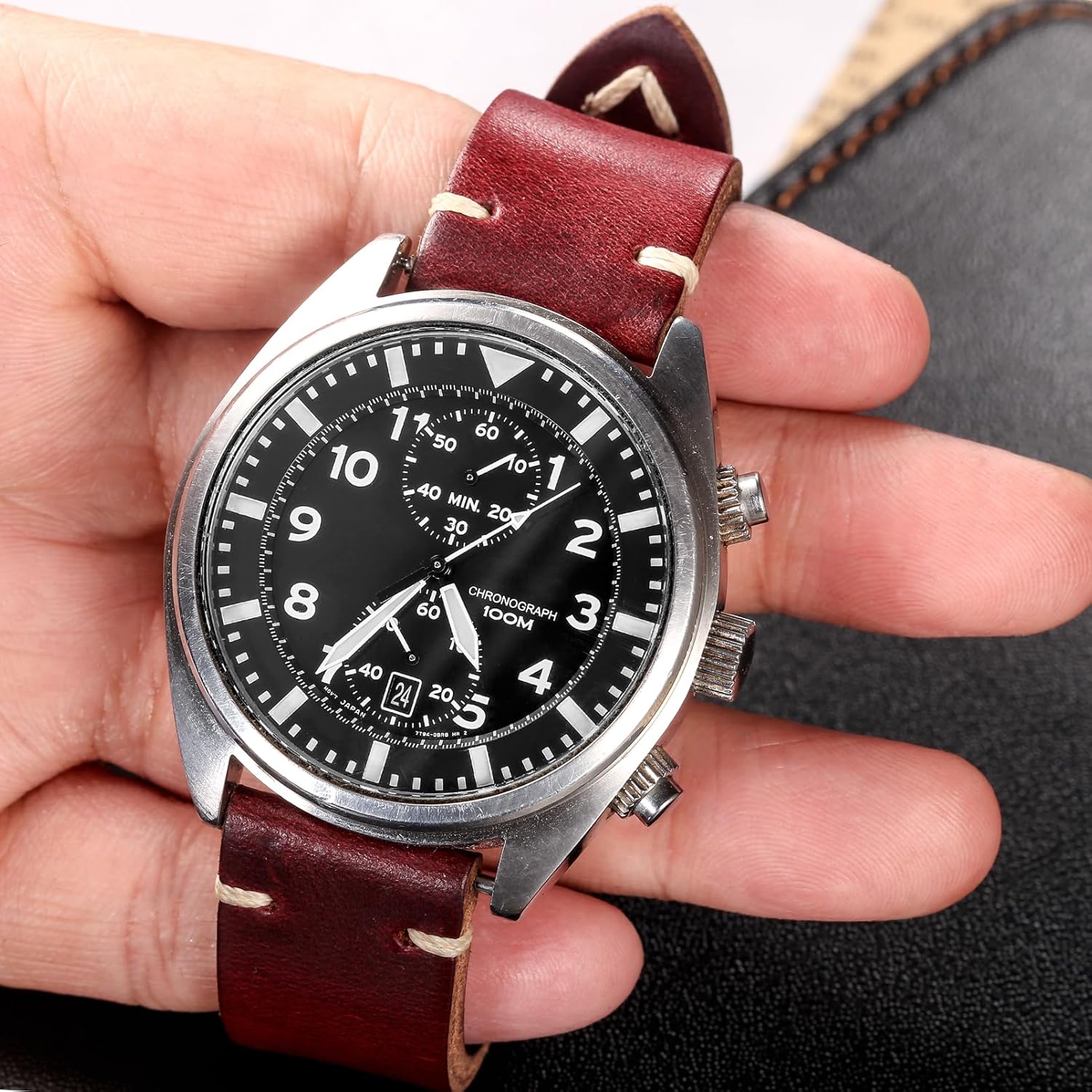hemsut h Leather Watch Bands, Horween Leather Watch Strap for Men 18 19 20 21 22 24mm Quick Release Handmade Vintage Replacement Wrap