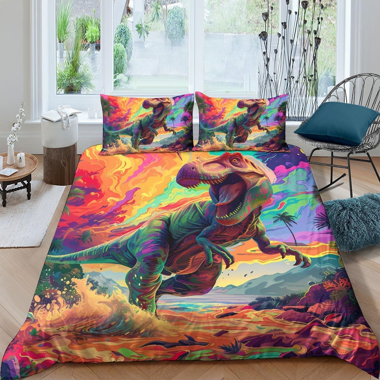 Ctjqhvkz Style-6 3D Printed Vibrant Dinosaur Fitted Sheet Microfiber Colourful T-Rex Mattress Cover For Bedroom Dorm Art Decor Single（135X200cm）