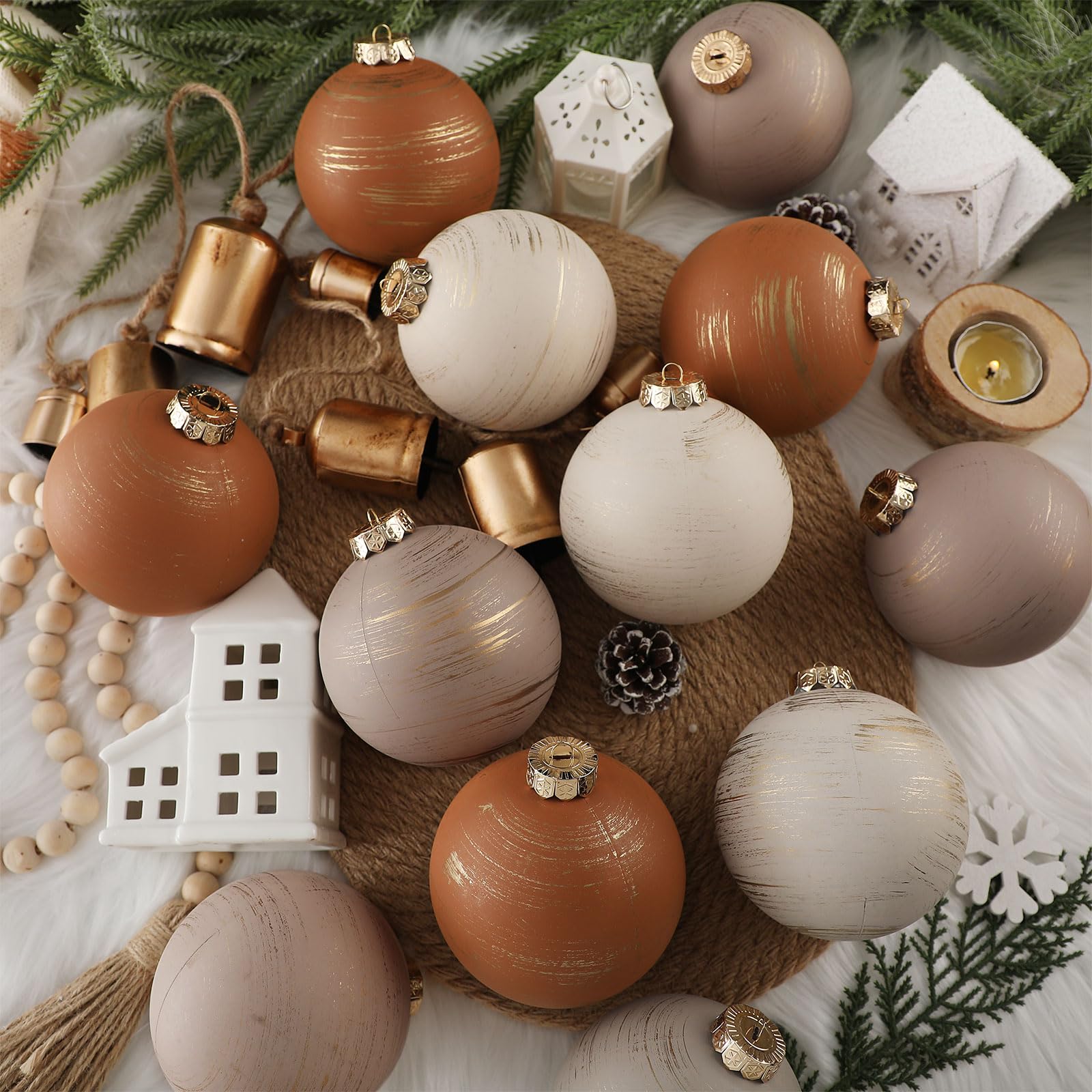 Condition photo showing As Is for Yunlly 12 Pcs Neutral Textured Christmas Ball Ornaments Rustic Earth Toned Xmas Ornaments Antique Farmhouse Modern Christmas Decor for Tree Home Decor(Brown,Ivory,4 Inch,Rustic)
