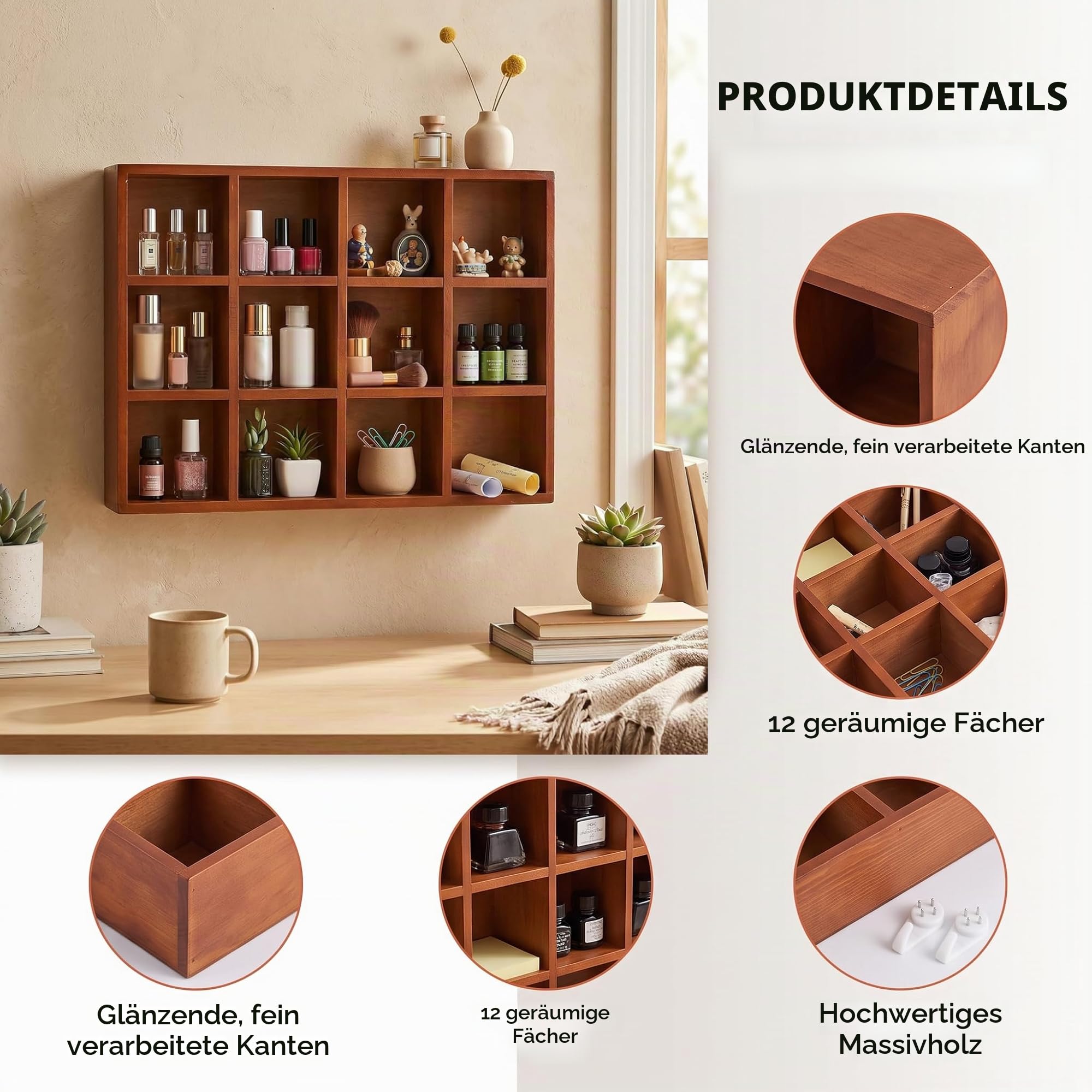 HEEPDD Holz-Wandregal, Vintage-Design mit 12 Fächern und glänzenden Kanten, stabiles Tassenregal für Sammlerfiguren, Tassen und Deko – ideal für Wohnzimmer, Küche, Büro und Geschenke