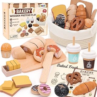 Wooden Bakery Playset Food Toys, Kids Pretend Play Food Baking Set Kitchen Accessories with Storage Bag, Pretend Play Bread Cutting Food for Boys Girls 3+