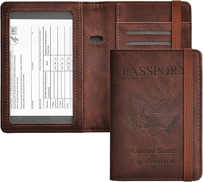 HerriaT Passport and Vaccine Card Holder Combo,Cover Case with CDC Vaccination Card Slot, Leather Travel Documents Organizer Protector, with RFID Blocking, for Women and Men