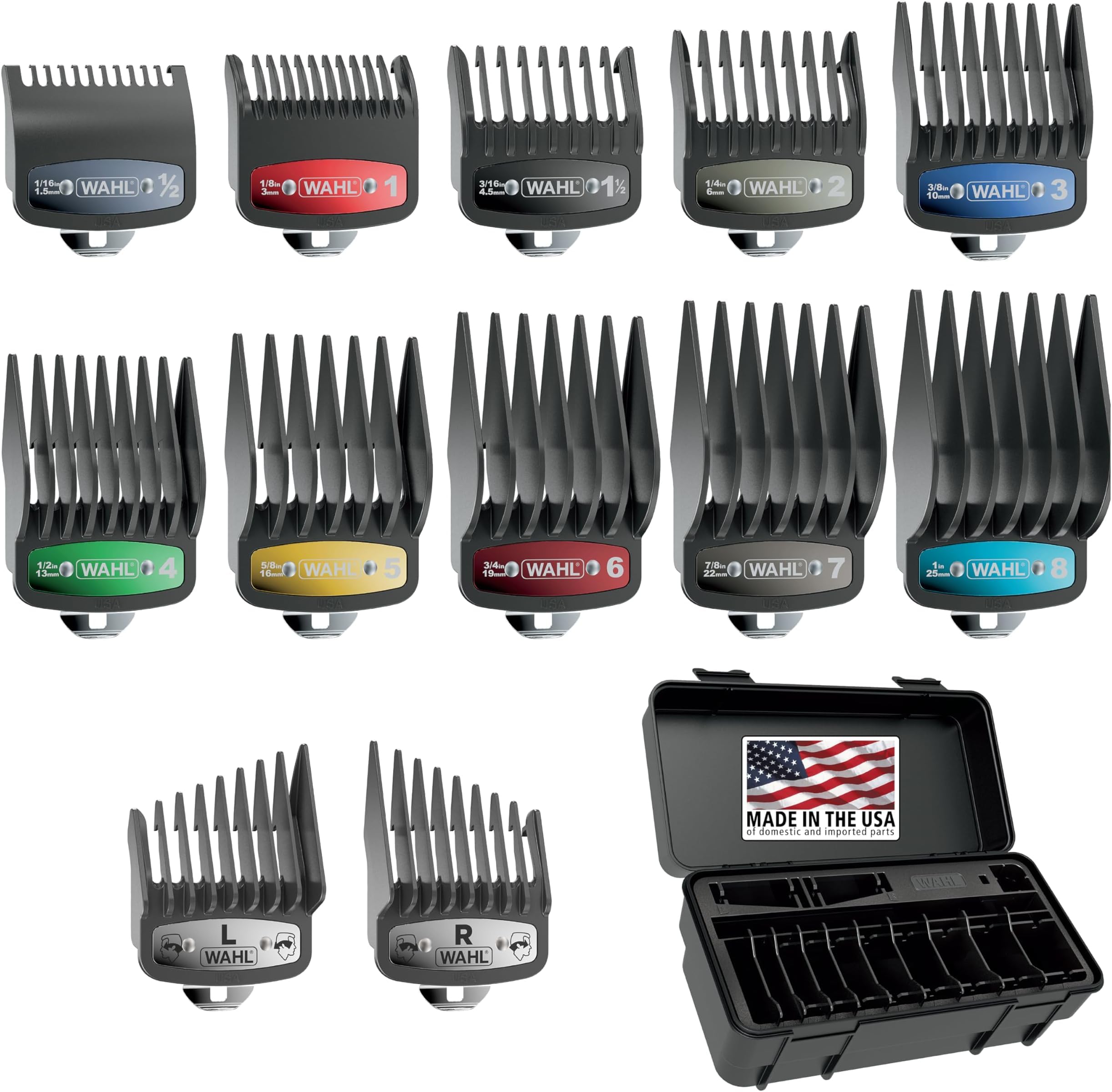 Wahl Genuine SECURE-SNAP® Guide Comb Set with Colored Metal Clips &amp; Guard Organization Caddy,12 Full Size Attachment Guards from 1/16” to 1” for Increased Cutting Performance Grey,3291-300 (Pack of 6)