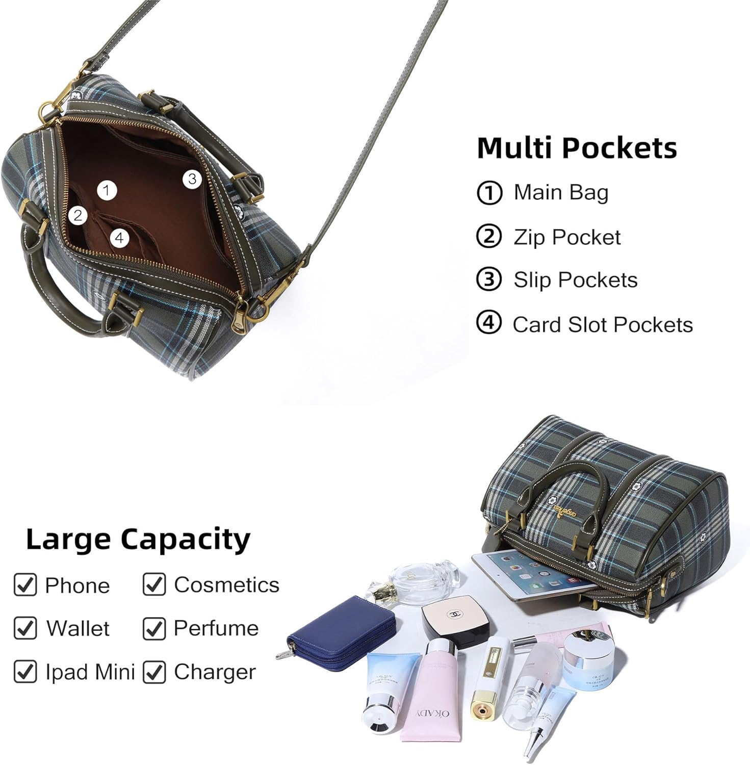 Angel Kiss Women Satchel Purses and Handbags Vegan Leather Boston Barrel Bag Top Handle Shoulder Purse with Crossbody Strap | Vegan Leather, Top Handle, Crossbody Strap - Image 5