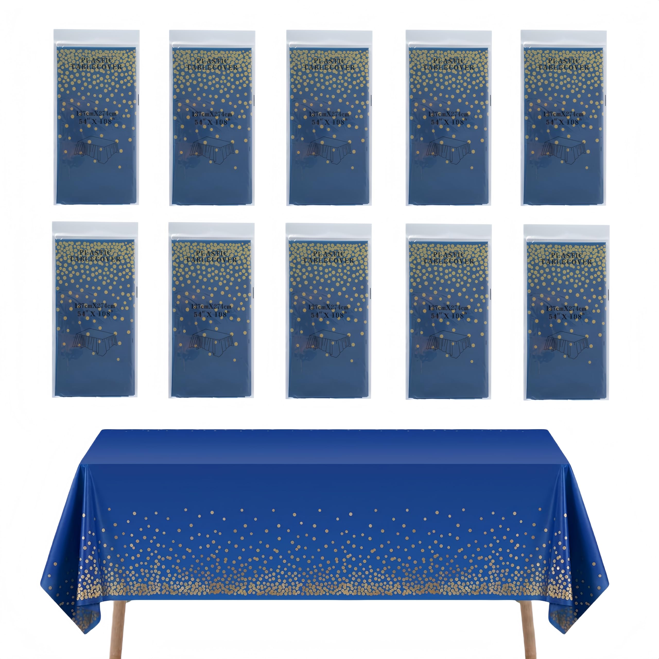 CEILIWEN 10-Pack Navy Blue & Gold Disposable Party Tablecloths 274x137cm, Premium Paper Table Covers for Birthdays Events