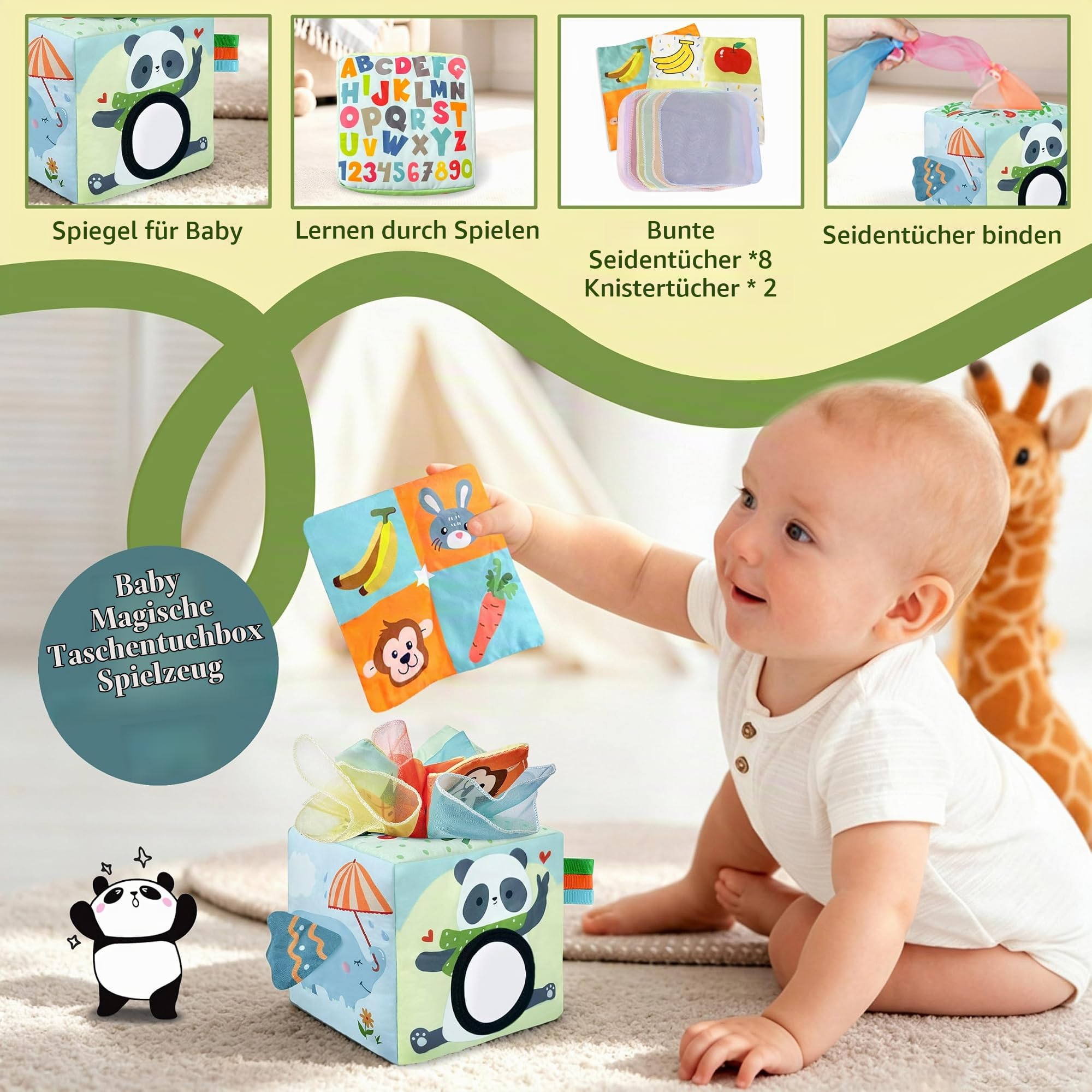Baby Spielzeug 6 Monate, 6 in 1 Montessori Spielzeug Baby ab 6 9 12 Monate | mit Tissue Box Spielzeug,Xylophon,Holz Stapelringe,Silikonspielzeug,Baby-Sortierspiel mit Sortierbox,Geschenk für Baby