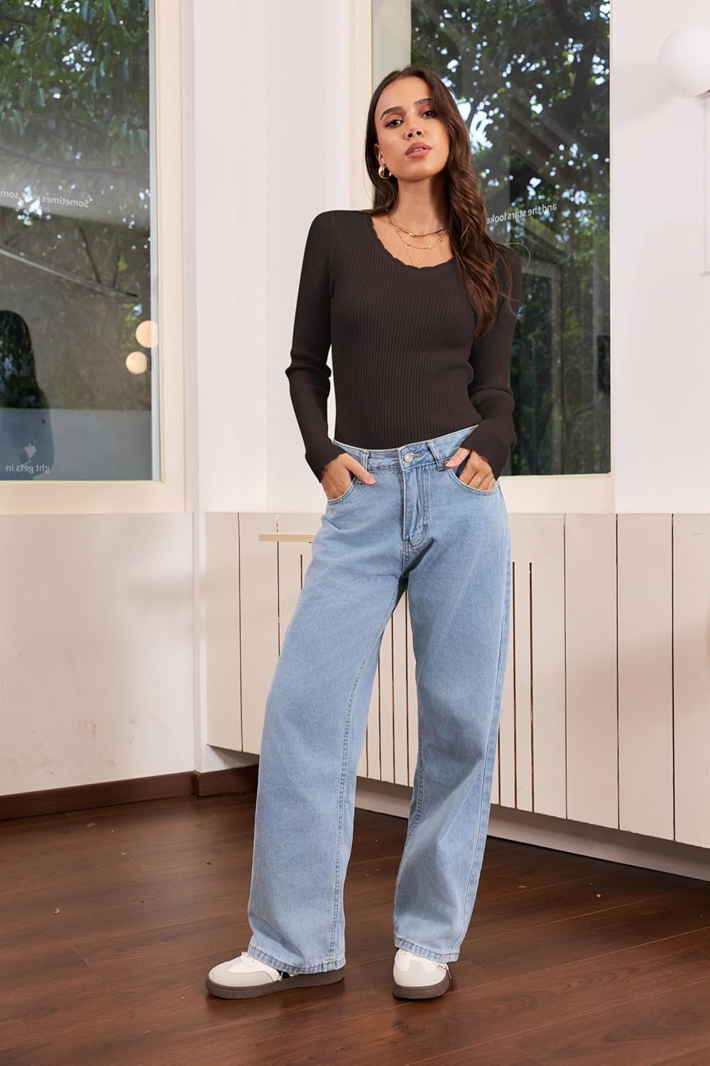 Women's V Neck Scalloped Sweaters Long Sleeve Ligheweight Shirts 2026 Fall Fashion Knitted Tops - Image 8