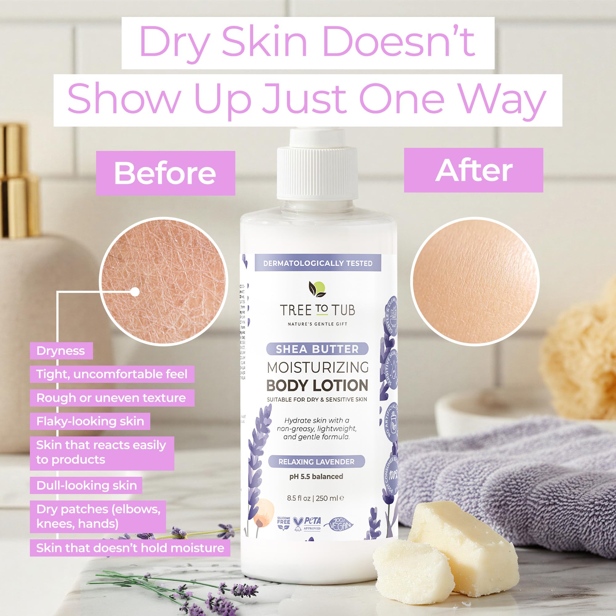 Tree To Tub Lawendowy balsam do ciała z masłem shea do suchej skóry – nawilżający balsam do skóry wrażliwej dla kobiet i mężczyzn, wegański krem nawilżający do ciała z organicznym aloesem, masłem